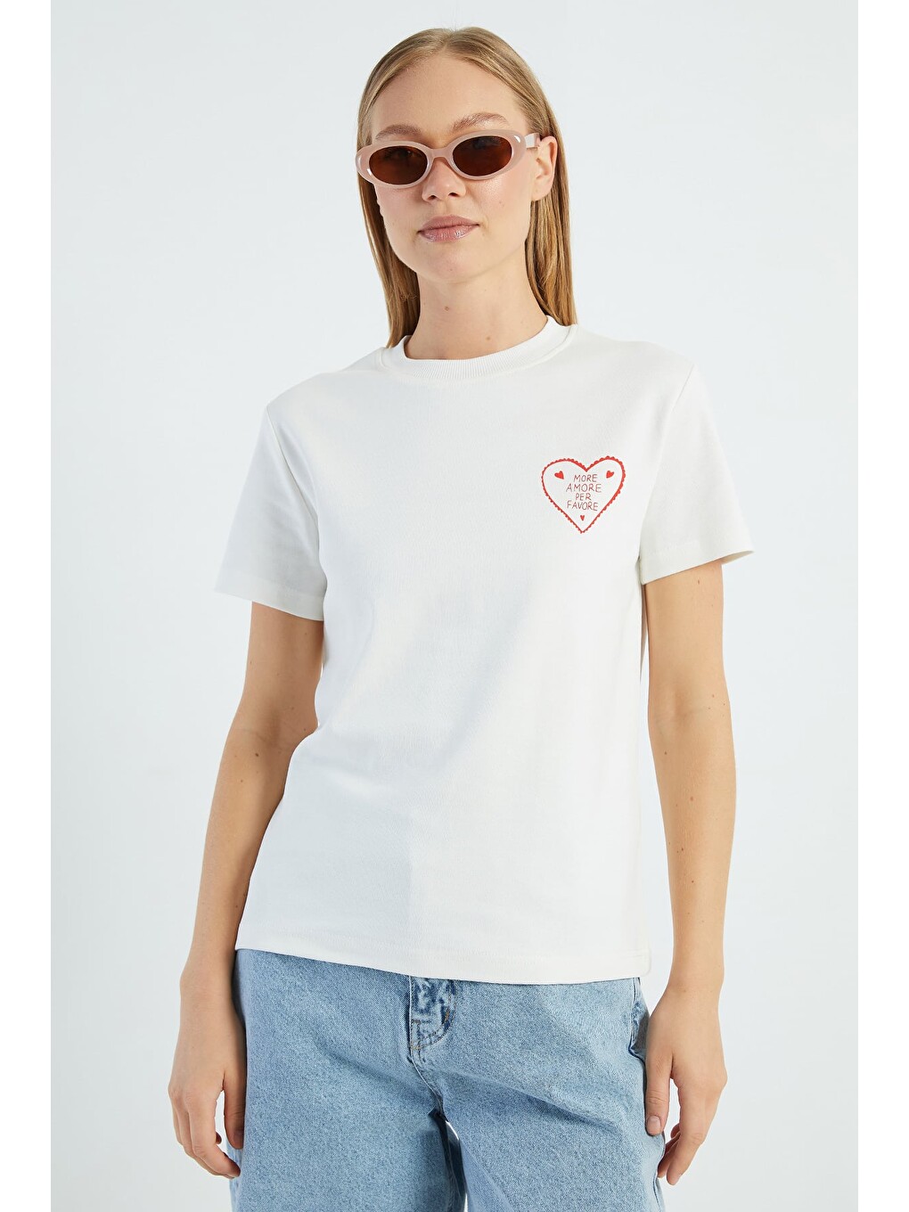 Ekru More Amore Per Favore Baskılı Tişört-1