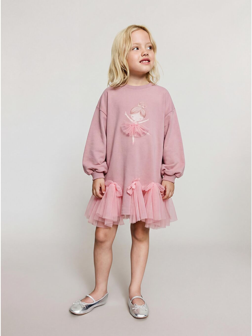 Kız Çocuk Pamuklu Pembe Balerin Baskılı Tüllü Elbise – Fiyonk Detaylı