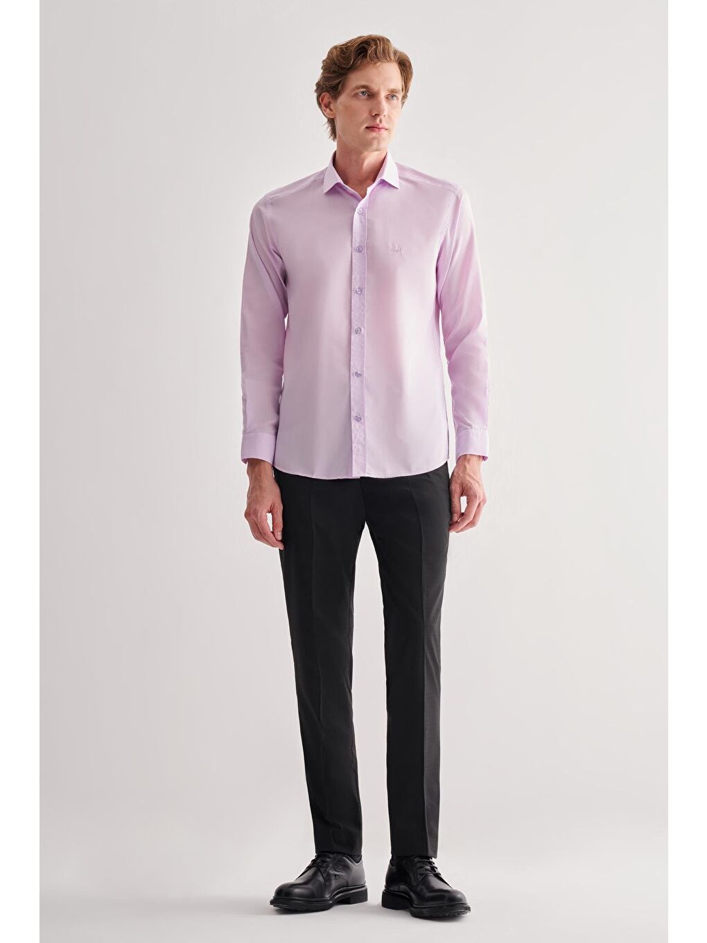 Lila Yarım İtalyan Yaka Uzun Kol Slim Fit Pamuklu Gömlek 1004255180-1
