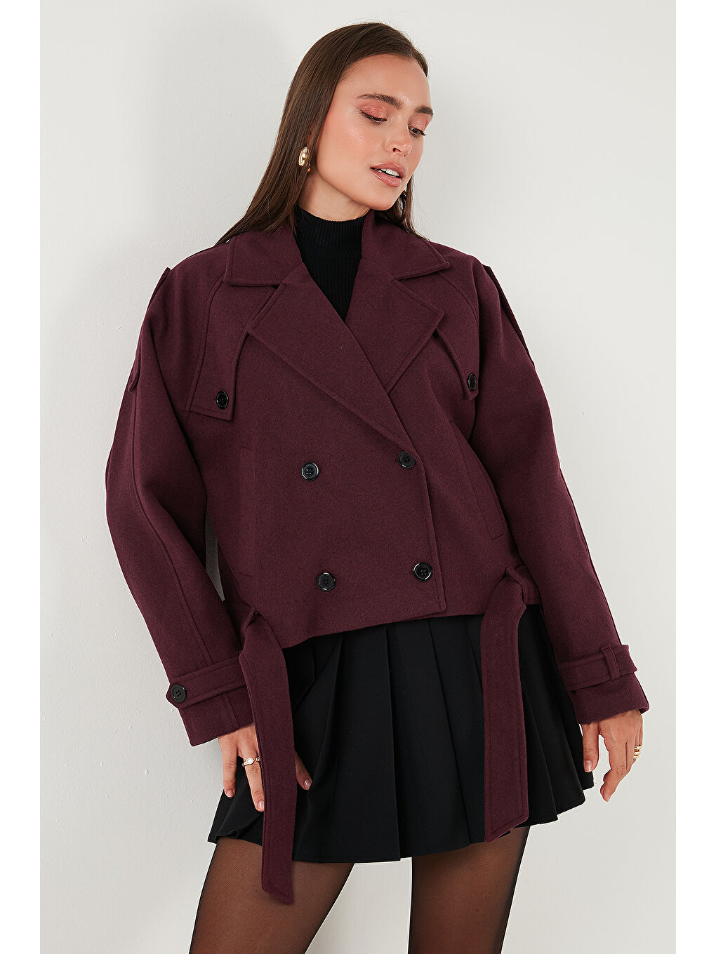 Bordo Pamuklu Regular Fit Yumuşak Dokulu Kaşe Kısa Kaban 6810286-2