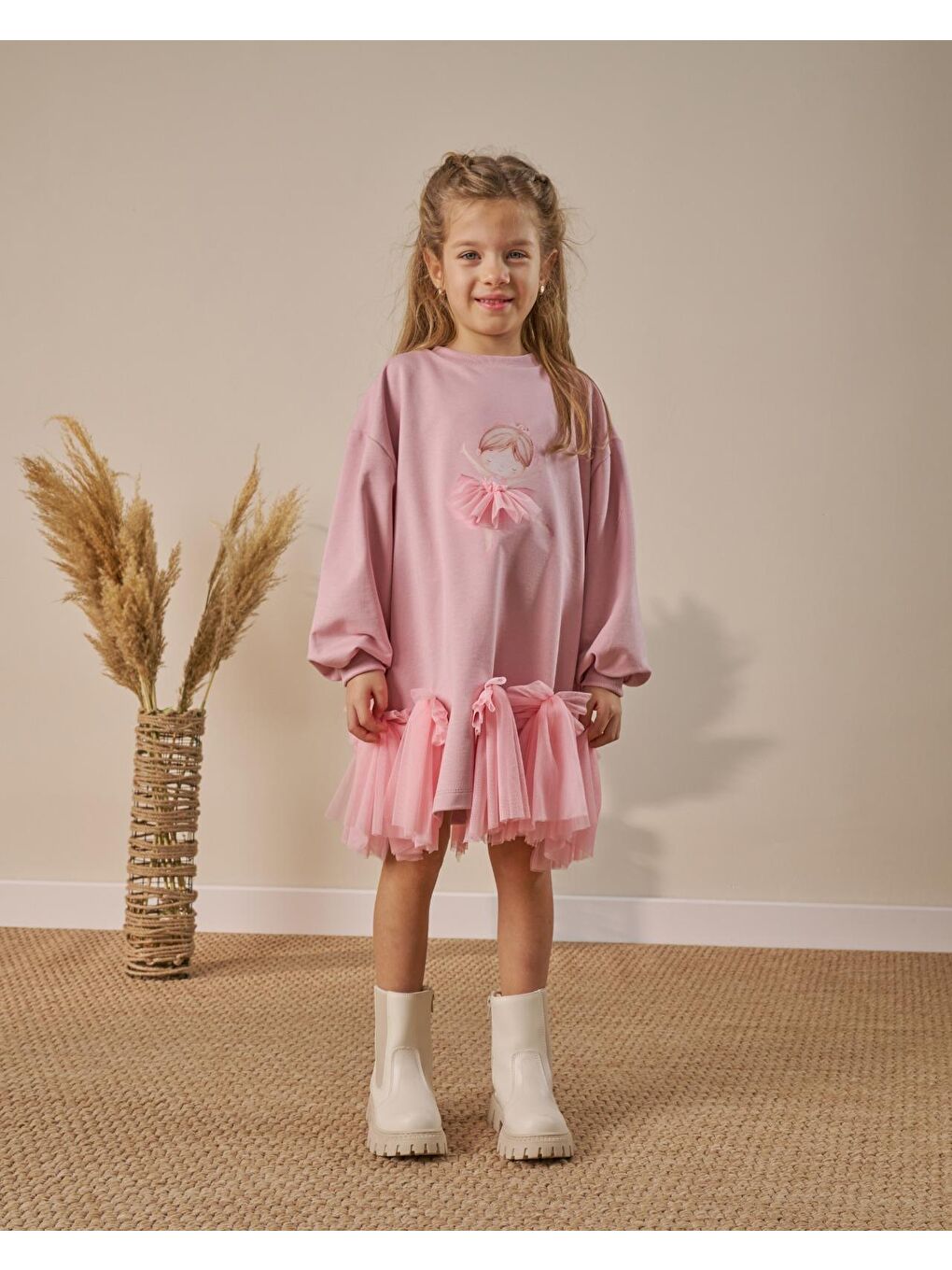 Kız Çocuk Pamuklu Pembe Balerin Baskılı Tüllü Elbise – Fiyonk Detaylı-1