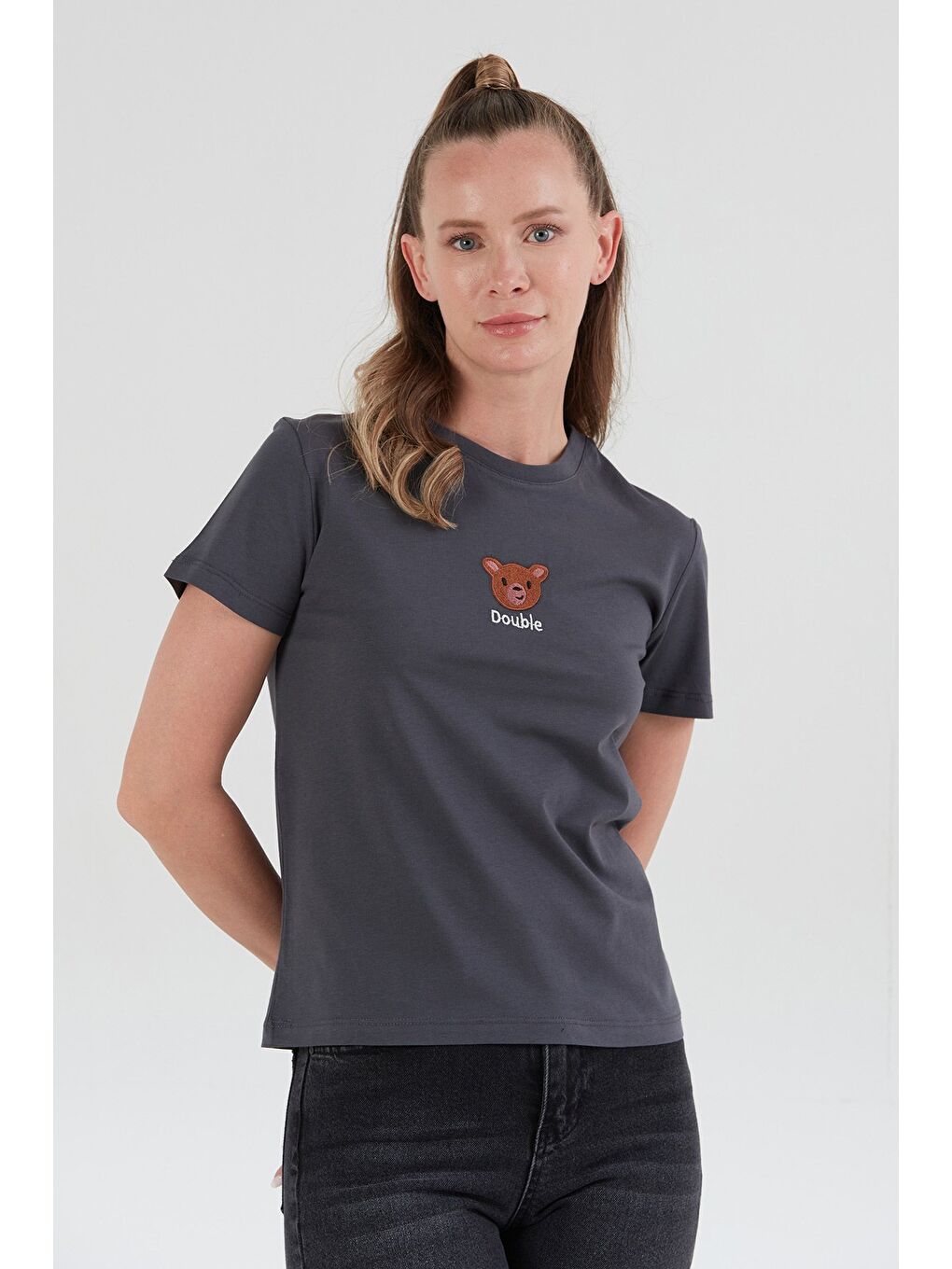 Gri Ayıcık Ve Yazı Nakışlı Tişört-2