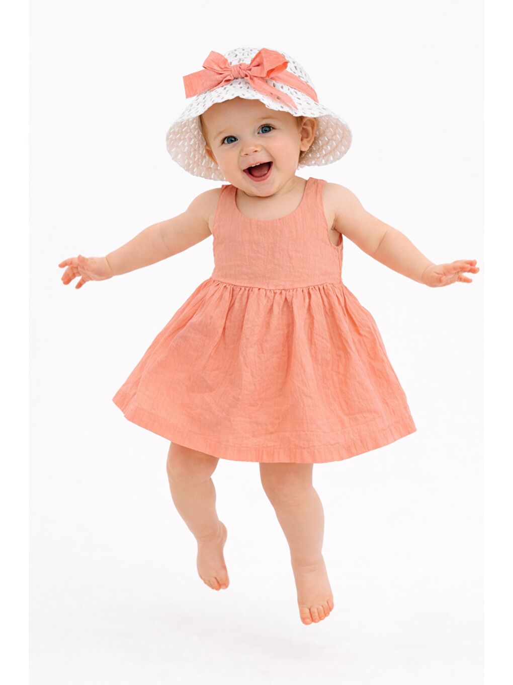 Pembe Tatlı Kız Bebek Yazlık Fiyonklu Şapkalı Pamuklu 2'li elbise-6