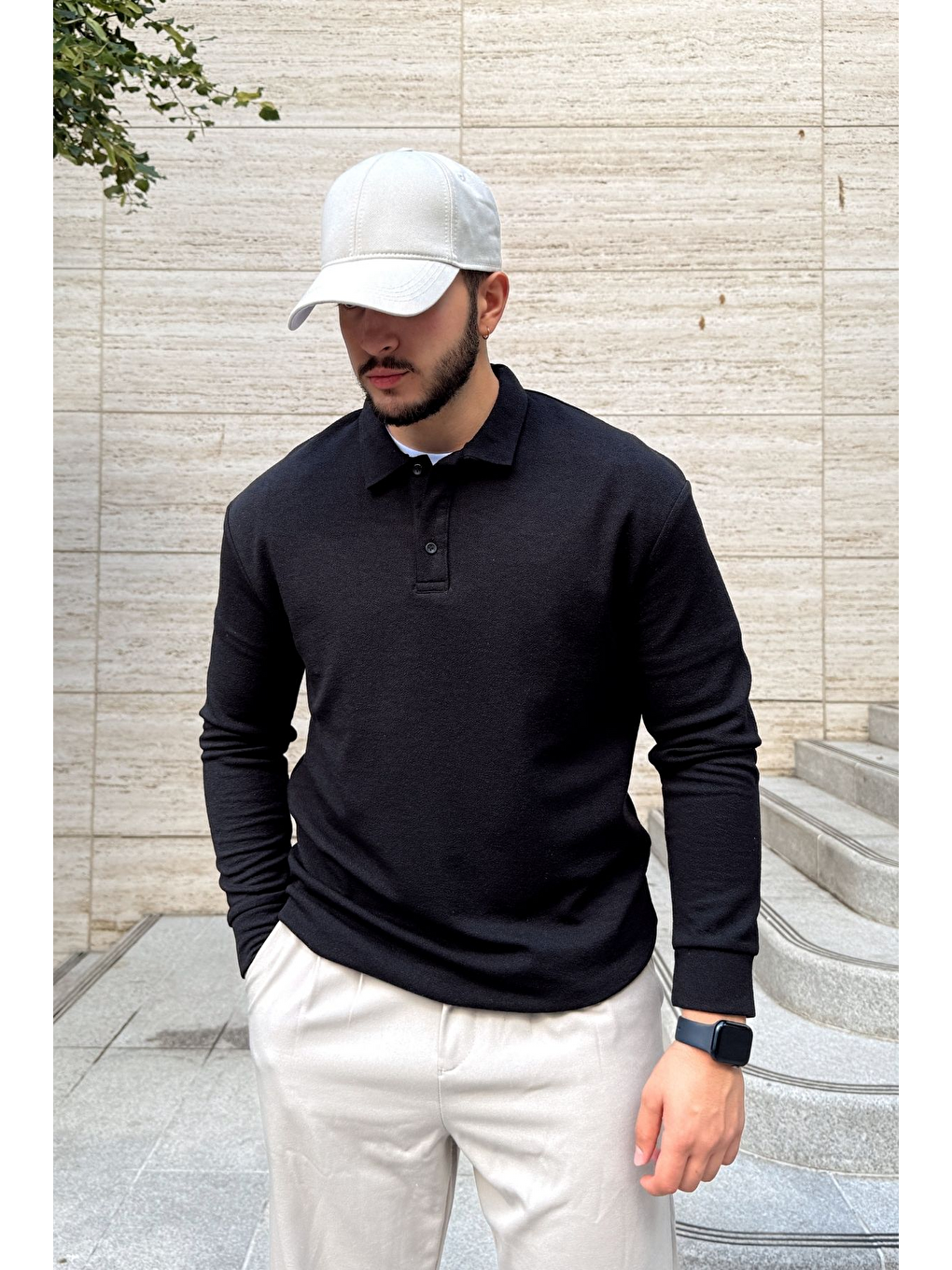 Siyah Cali Erkek Regular Fit Polo Yaka Uzun Kollu Sweatshirt Tişört-6