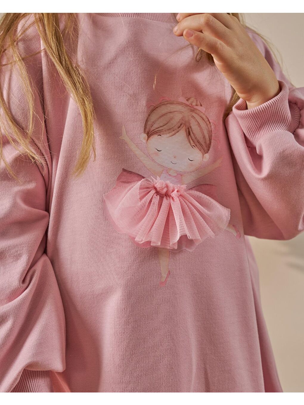 Kız Çocuk Pamuklu Pembe Balerin Baskılı Tüllü Elbise – Fiyonk Detaylı-2