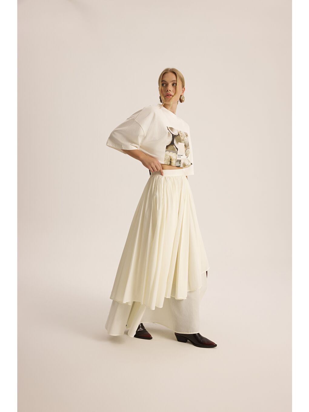Kevin Çift Kat Ekru Uzun Etek-2