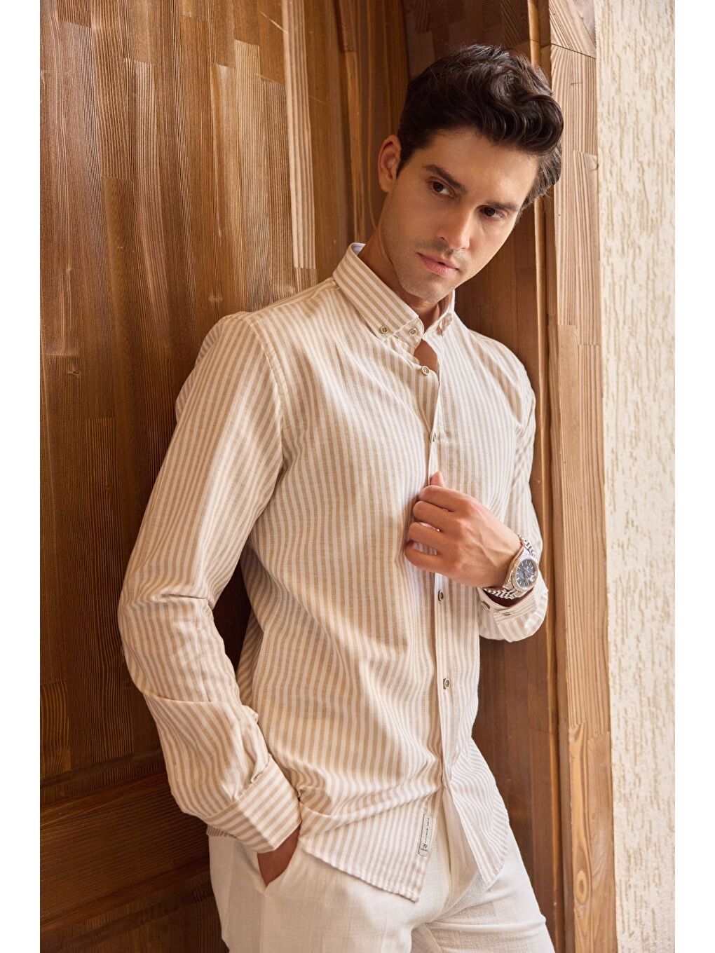Bej Senoc Erkek Gömlek Modern Slim Fit Keten Görünümlü Kalın Çizgili