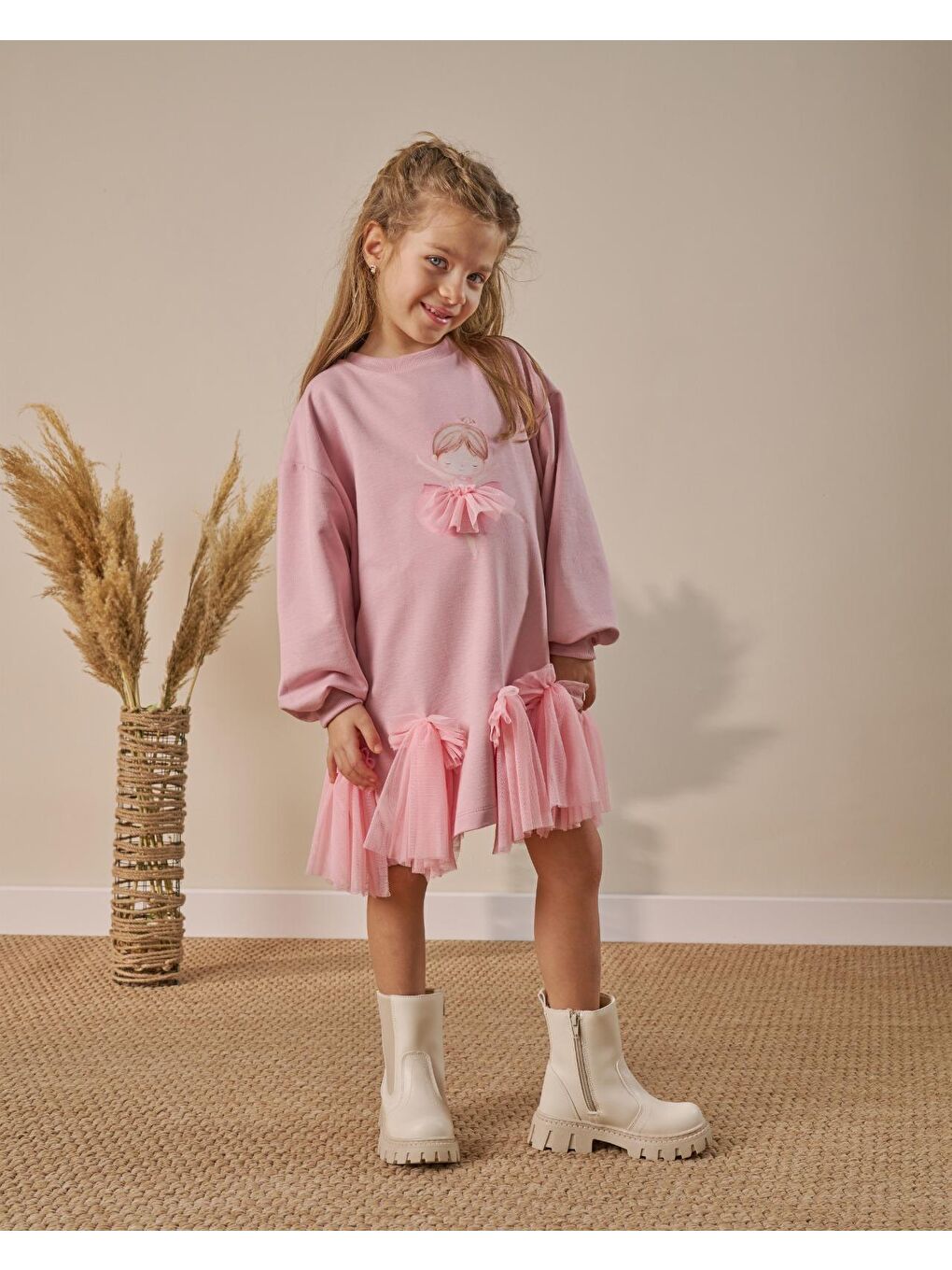 Kız Çocuk Pamuklu Pembe Balerin Baskılı Tüllü Elbise – Fiyonk Detaylı-3