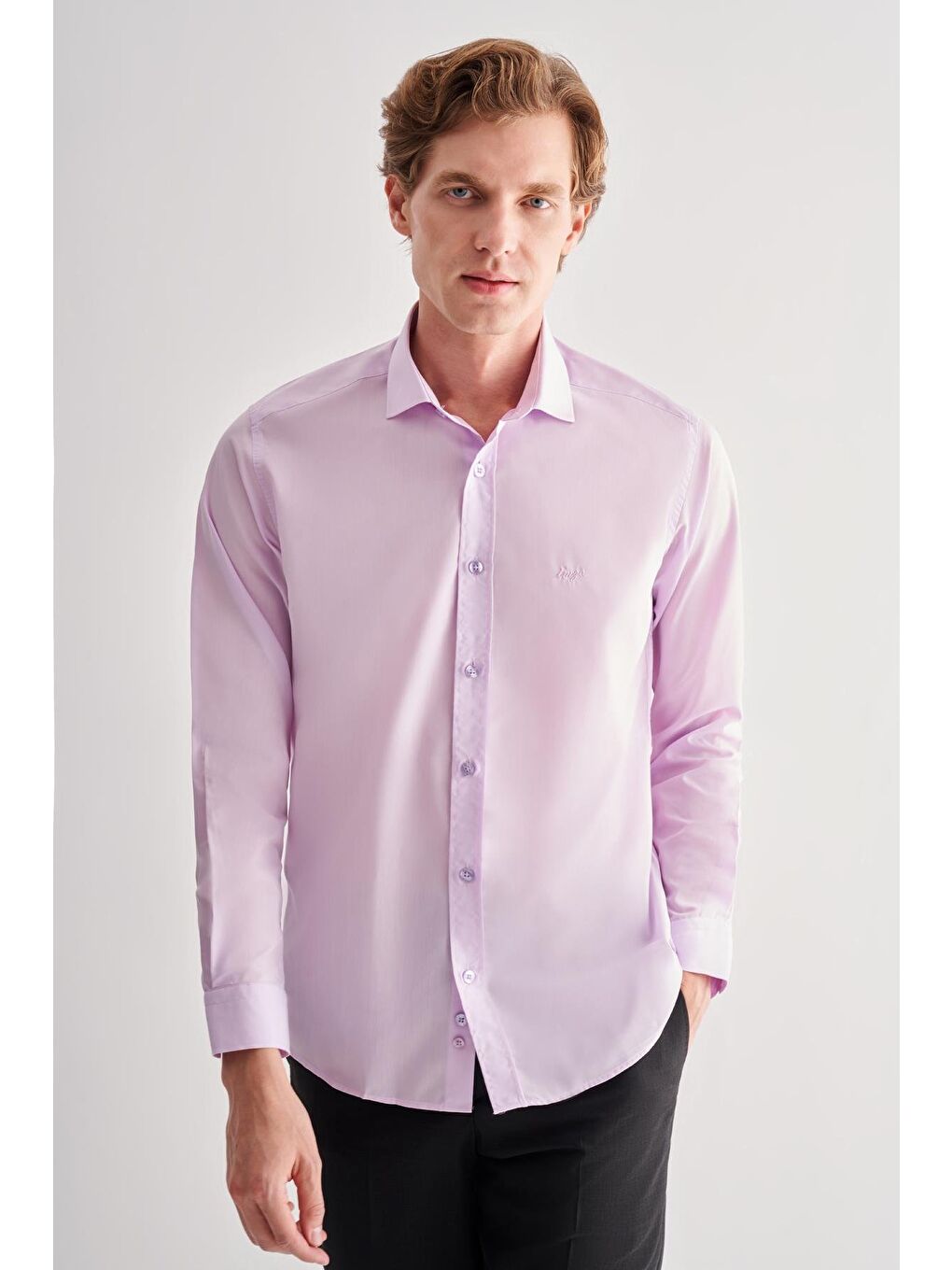 Lila Yarım İtalyan Yaka Uzun Kol Slim Fit Pamuklu Gömlek 1004255180-2