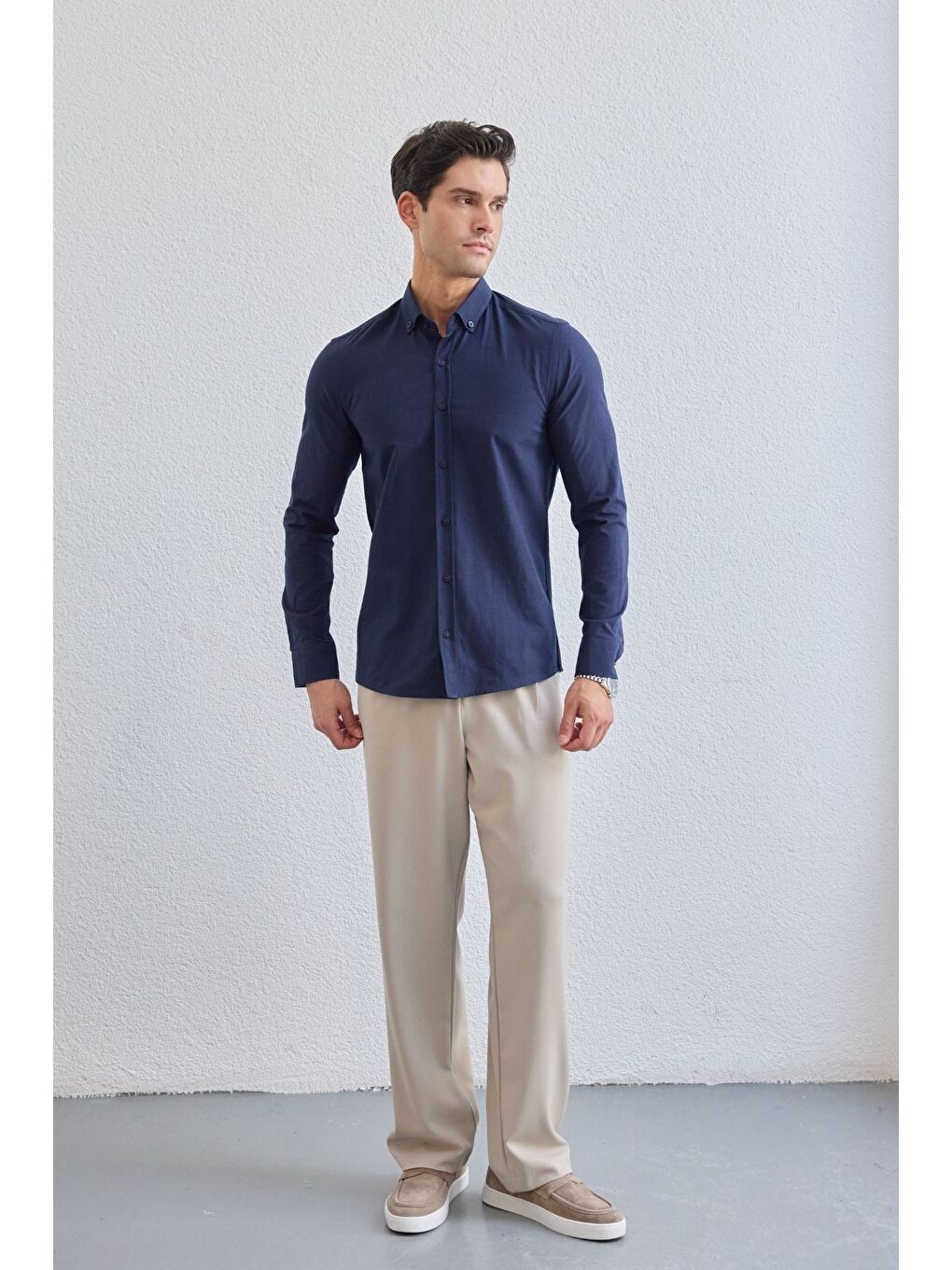 Lacivert Turi Erkek Pamuk Gömlek Modern Slim Fit Keten Görünümlü Uzun Kol-1