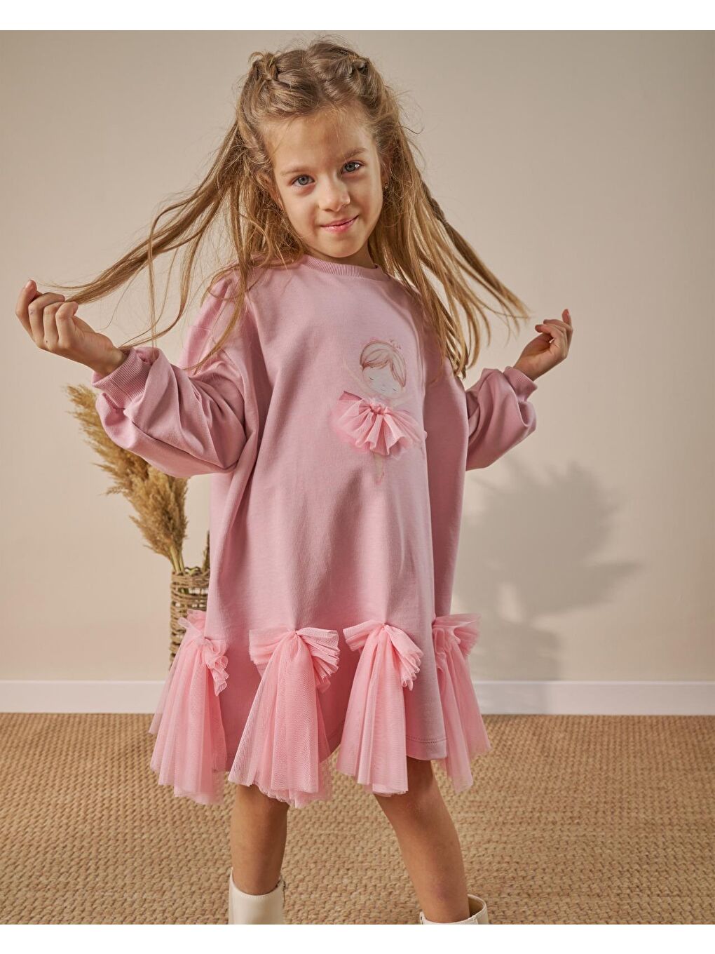 Kız Çocuk Pamuklu Pembe Balerin Baskılı Tüllü Elbise – Fiyonk Detaylı-4