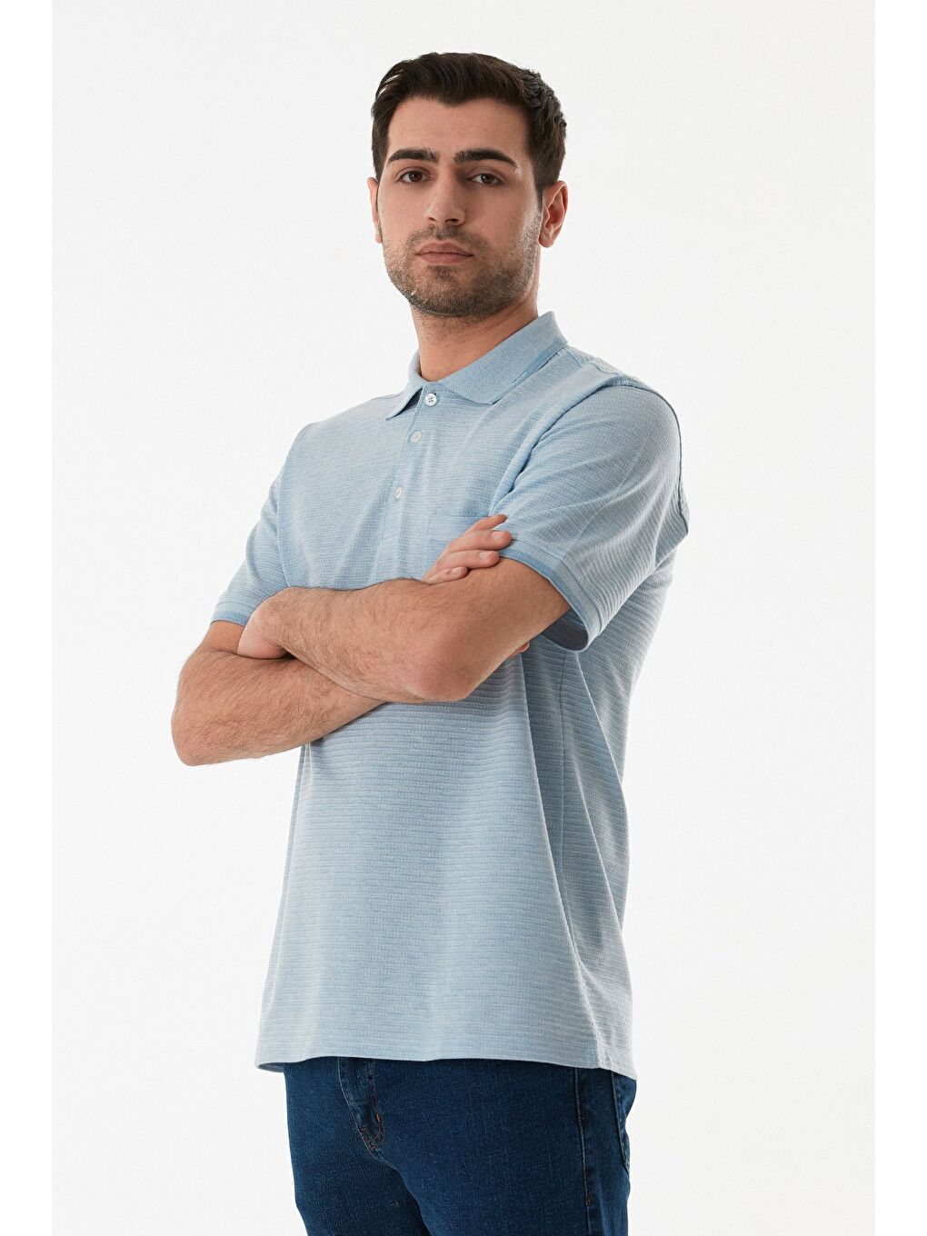 Mavi Cepli Düğmeli Polo Yaka Tişört-1