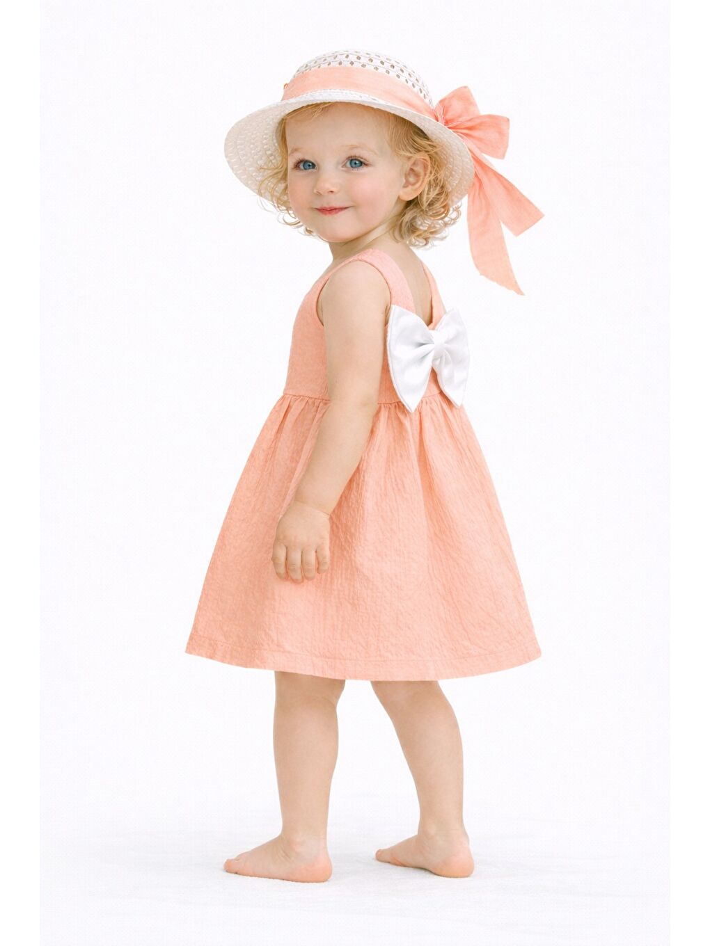 Pembe Tatlı Kız Bebek Yazlık Fiyonklu Şapkalı Pamuklu 2'li elbise-7