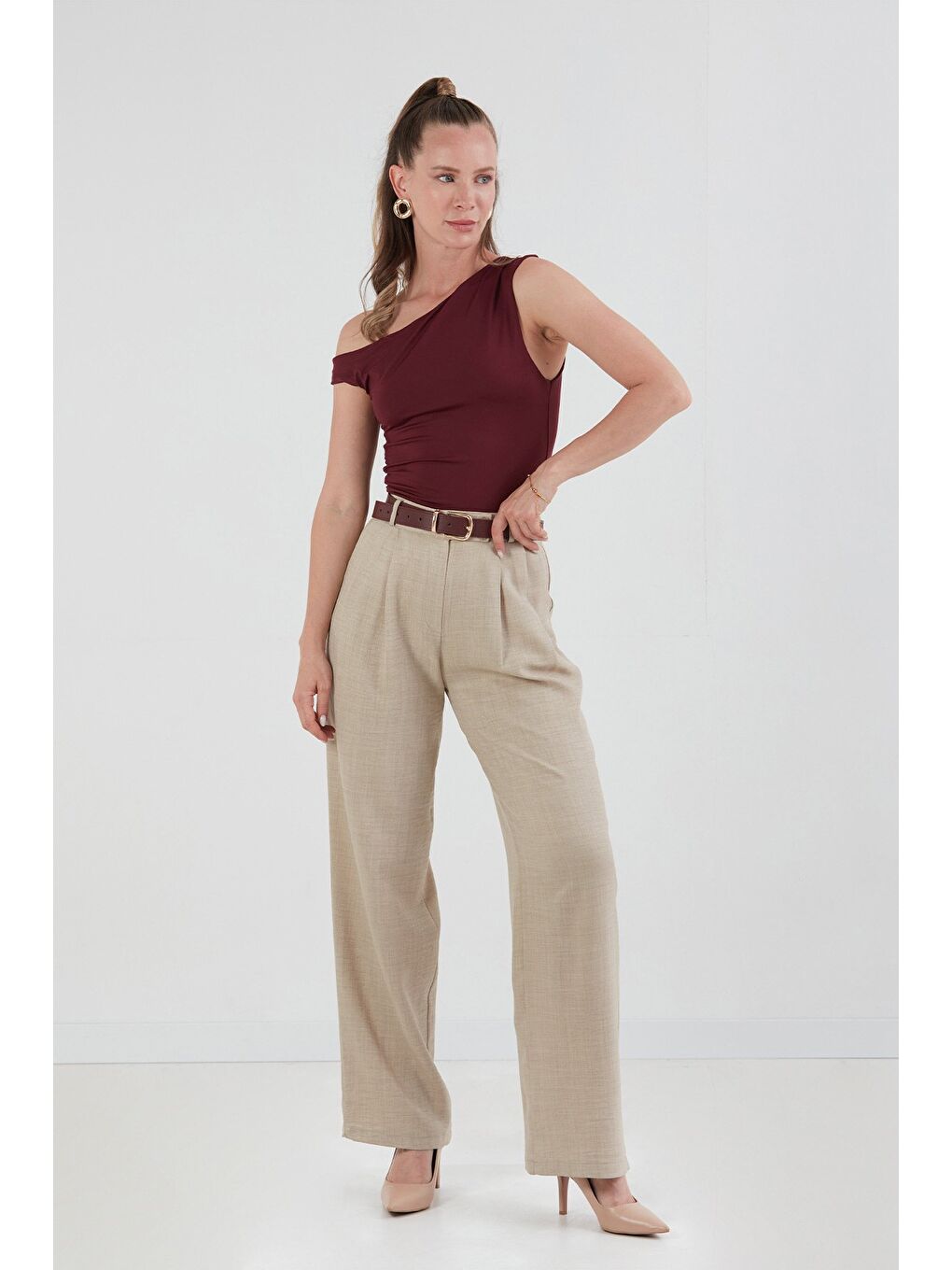 Bej Düğmeli Yüksek Bel Palazzo Pantolon
