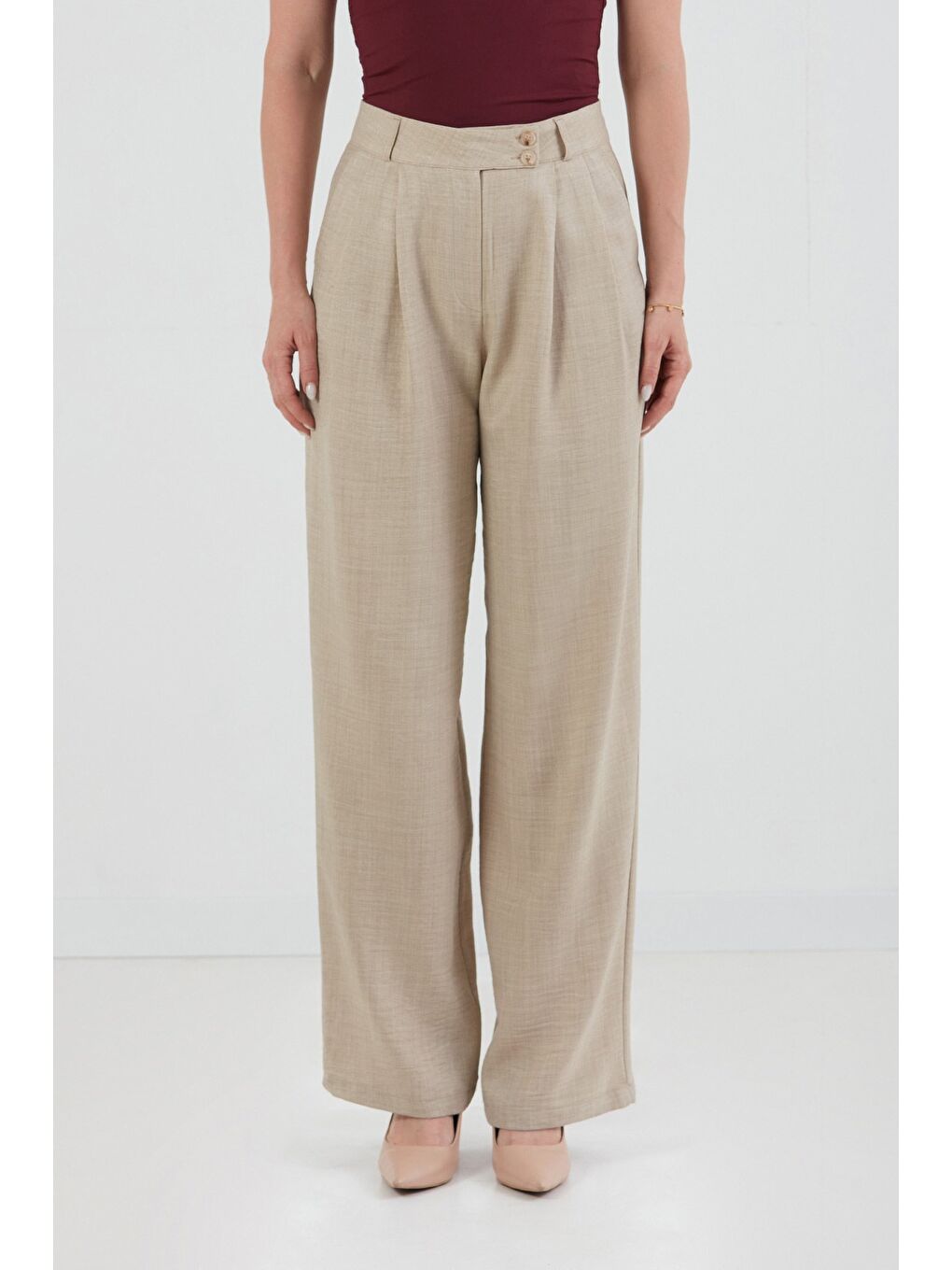 Bej Düğmeli Yüksek Bel Palazzo Pantolon-1