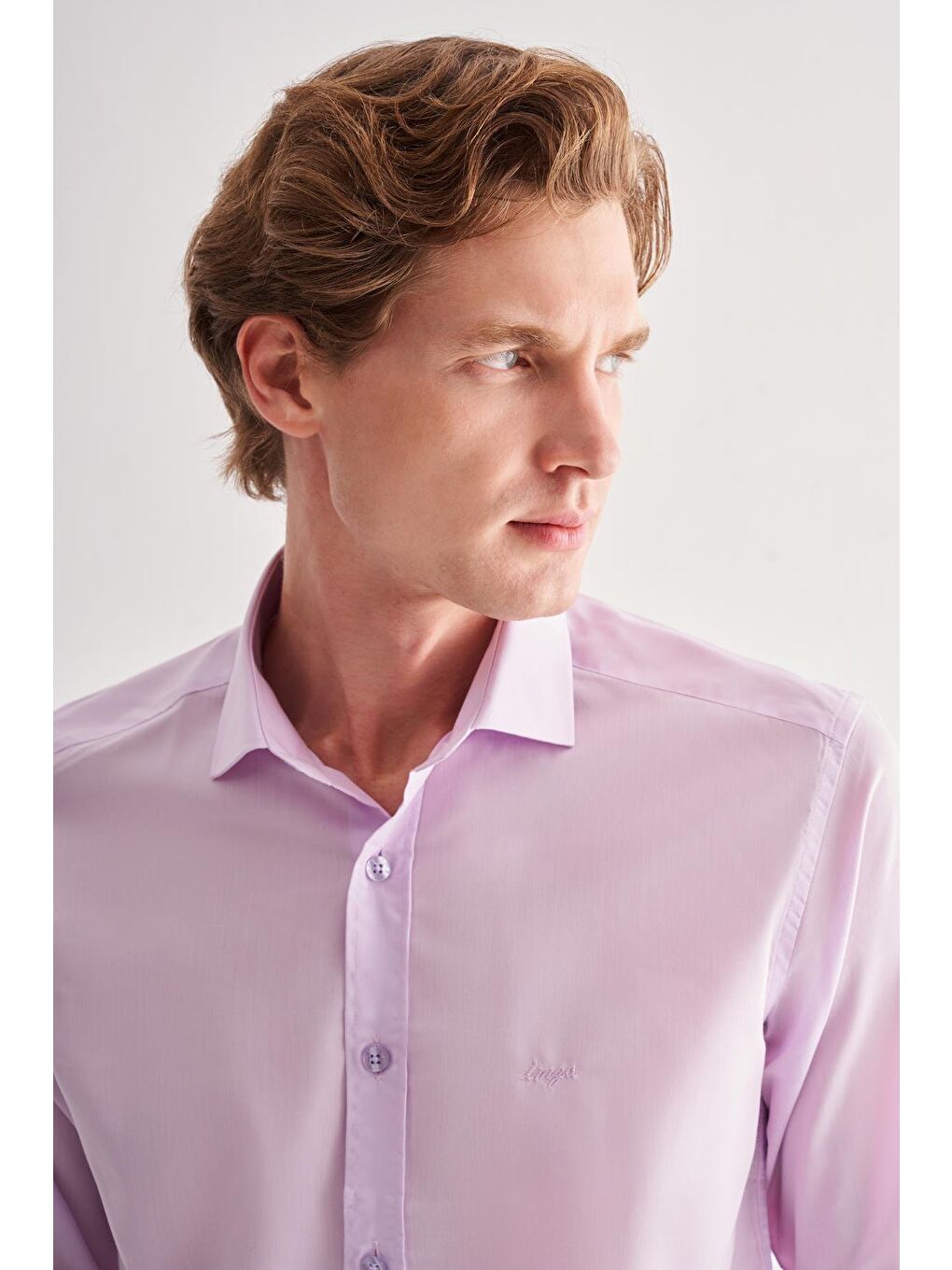 Lila Yarım İtalyan Yaka Uzun Kol Slim Fit Pamuklu Gömlek 1004255180-3
