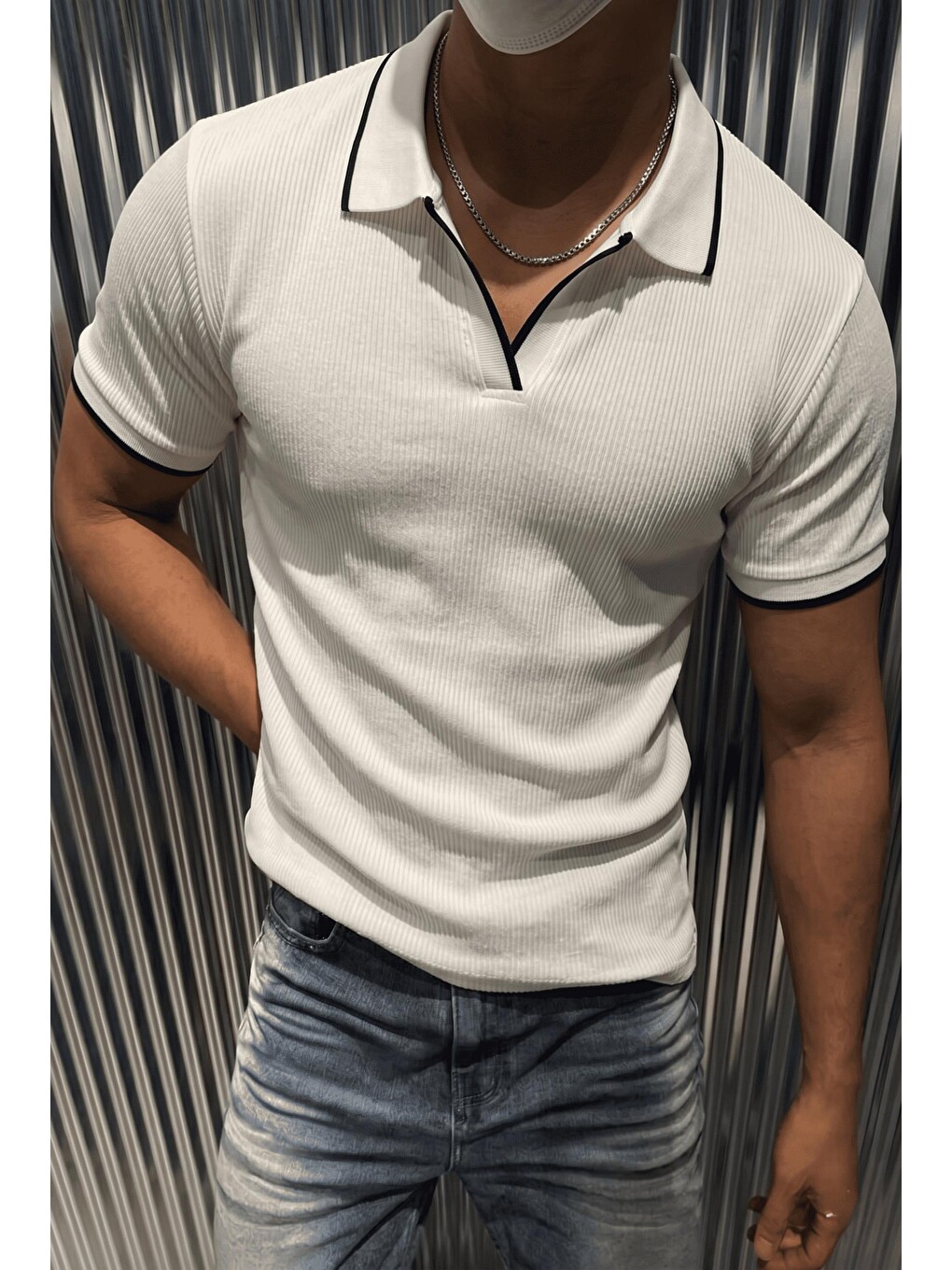 Beyaz Morry Modern Fit Ribana Detaylı Polo Yaka Tişört-1