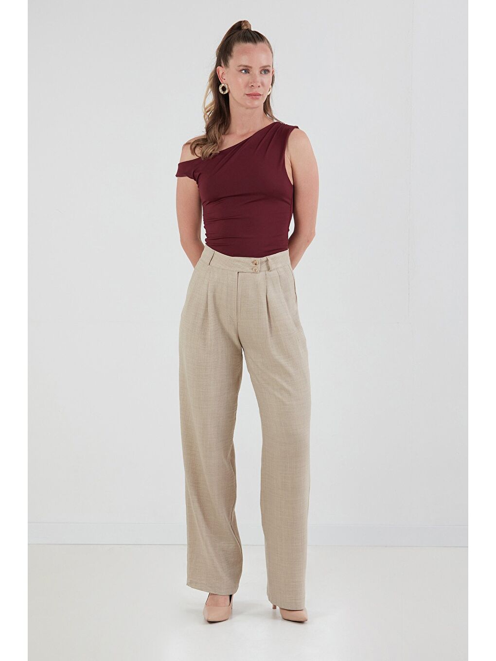 Bej Düğmeli Yüksek Bel Palazzo Pantolon-2