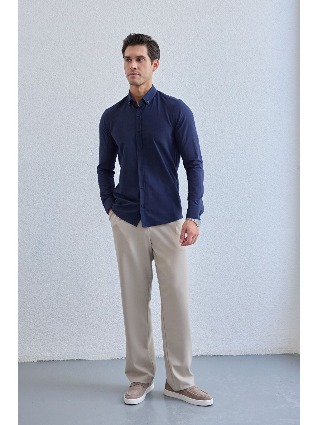 Lacivert Turi Erkek Pamuk Gömlek Modern Slim Fit Keten Görünümlü Uzun Kol-2