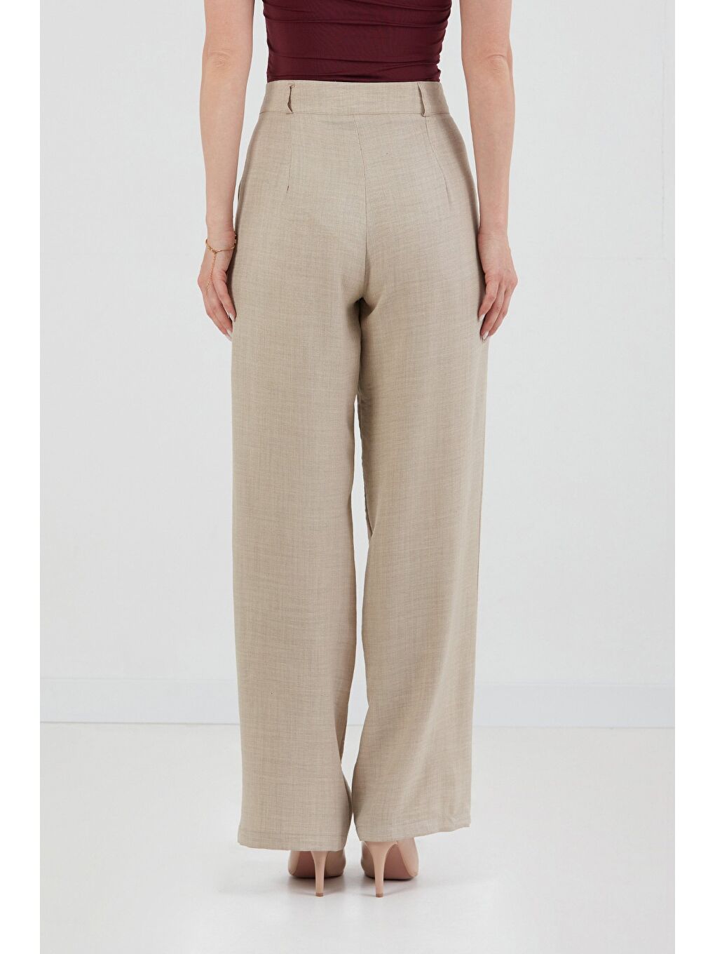 Bej Düğmeli Yüksek Bel Palazzo Pantolon-3