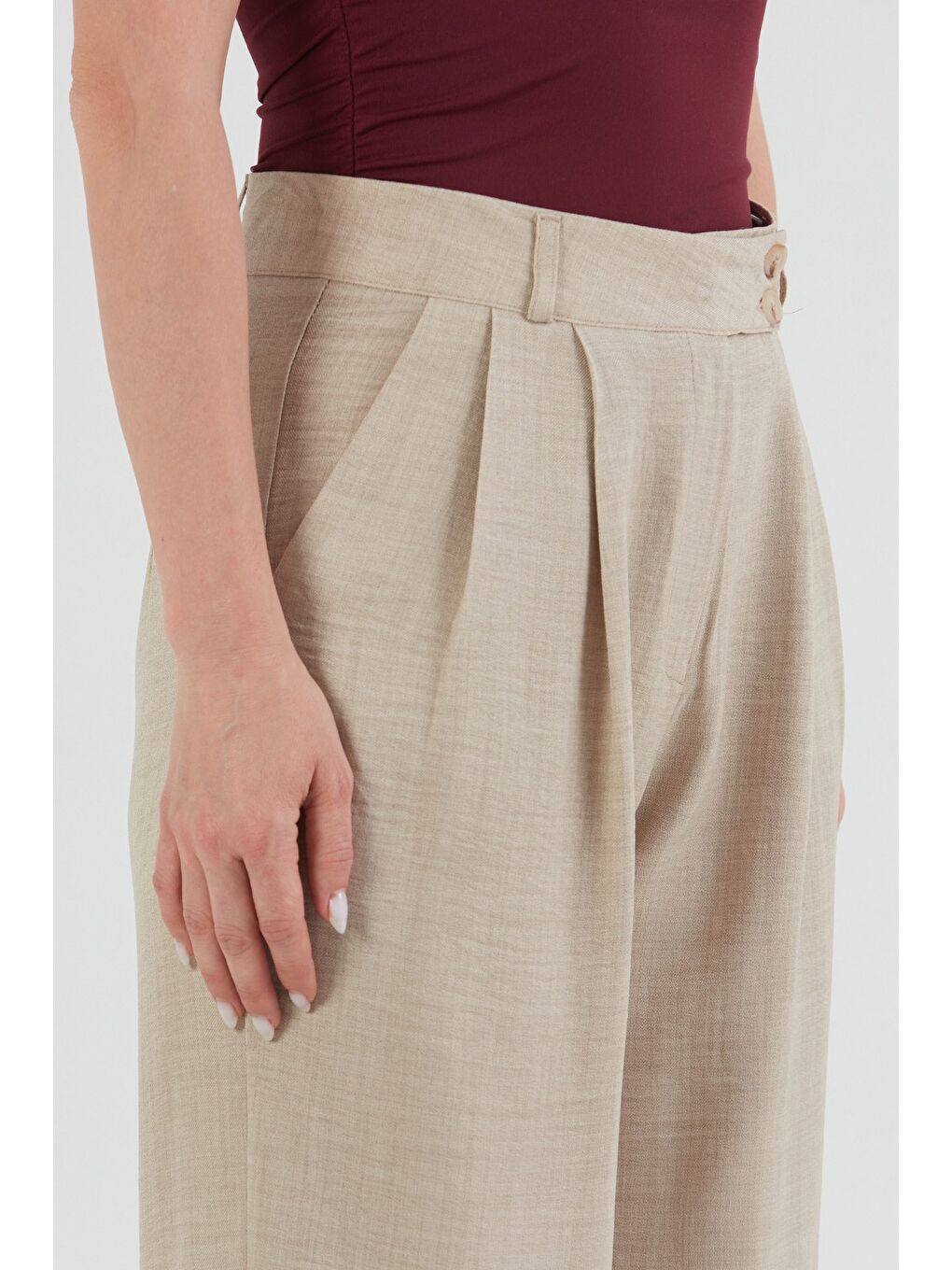Bej Düğmeli Yüksek Bel Palazzo Pantolon-4