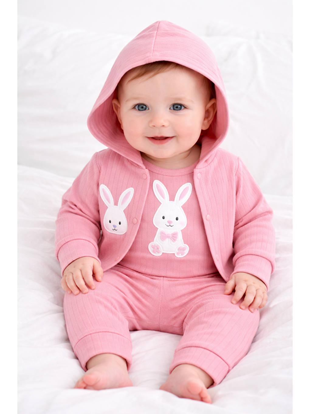 Pembe Kız Bebebek Tavşan Desenli 3lü Alt-Üst Takımı Pamuklu Hırkalı Uzun Kol