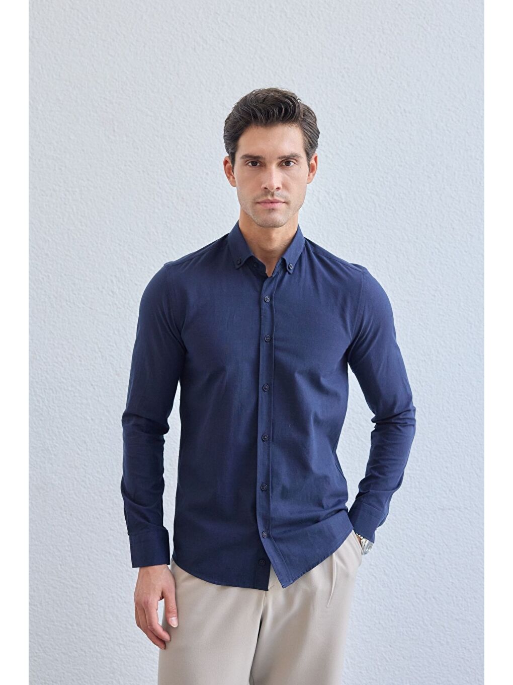 Lacivert Turi Erkek Pamuk Gömlek Modern Slim Fit Keten Görünümlü Uzun Kol-3