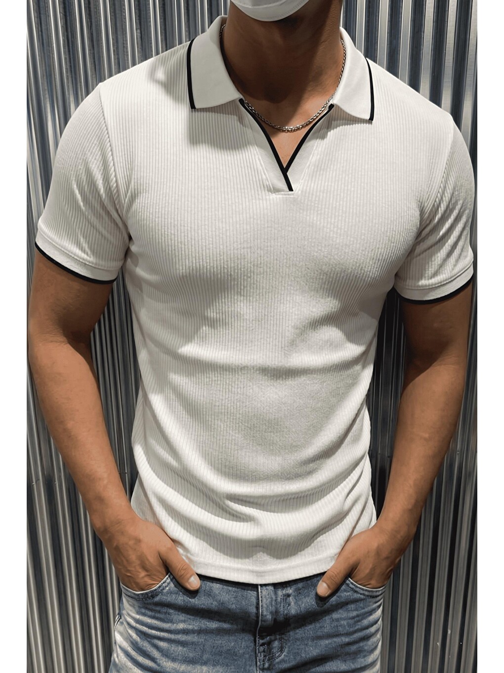 Beyaz Morry Modern Fit Ribana Detaylı Polo Yaka Tişört-2