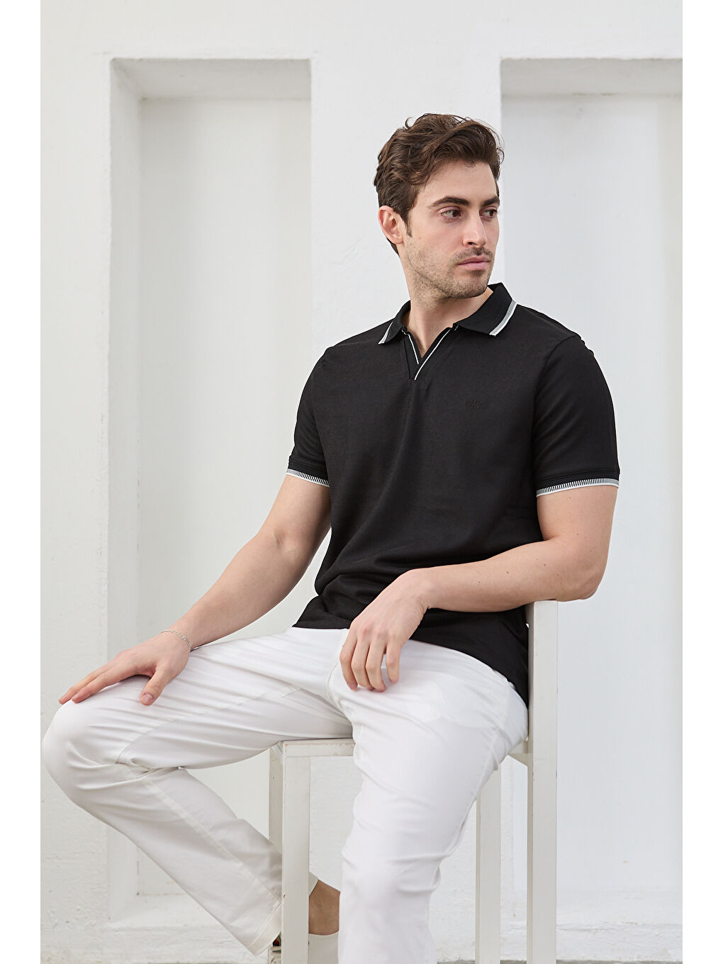 Siyah Lodz Erkek Polo Yaka Tişört Çekmeyen Pamuklu Kumaş Regular Fit Günlük-6