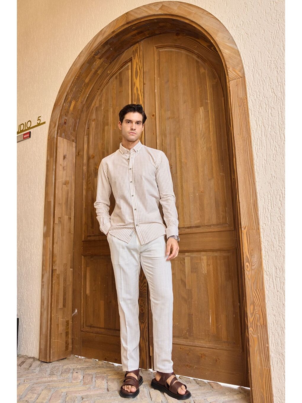 Bej Senoc Erkek Gömlek Modern Slim Fit Keten Görünümlü Kalın Çizgili-1