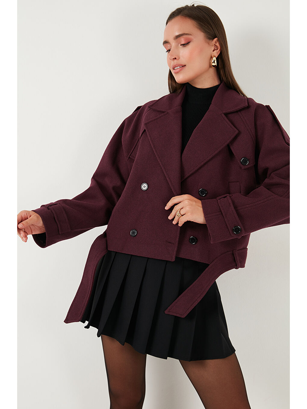 Bordo Pamuklu Regular Fit Yumuşak Dokulu Kaşe Kısa Kaban 6810286-3