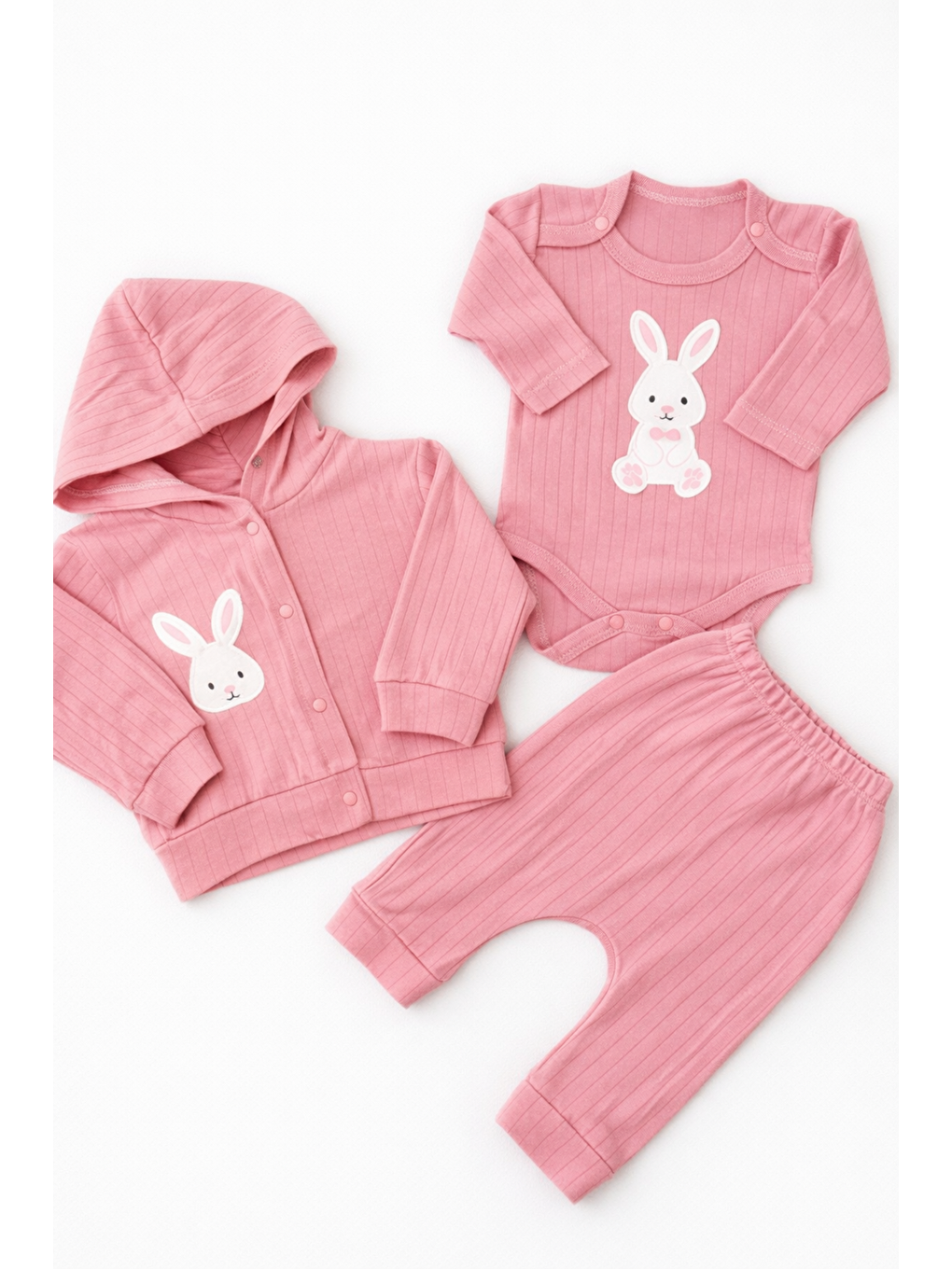 Pembe Kız Bebebek Tavşan Desenli 3lü Alt-Üst Takımı Pamuklu Hırkalı Uzun Kol-1