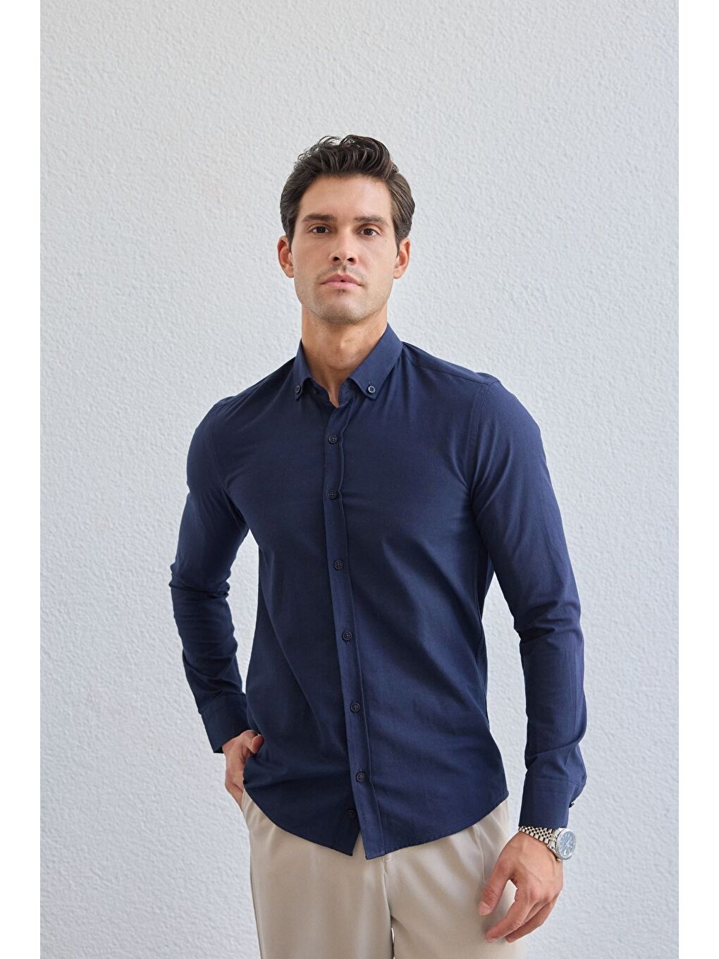 Lacivert Turi Erkek Pamuk Gömlek Modern Slim Fit Keten Görünümlü Uzun Kol-4