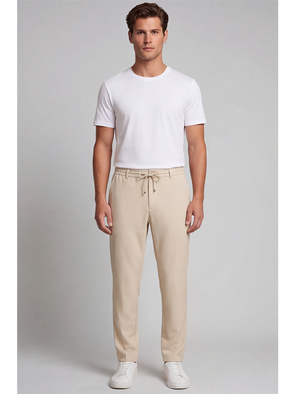 Erkek Bej Normal Kesim Regular Fit Pamuklu Armürlü Bel Lastikli Jogger Pantolon-1