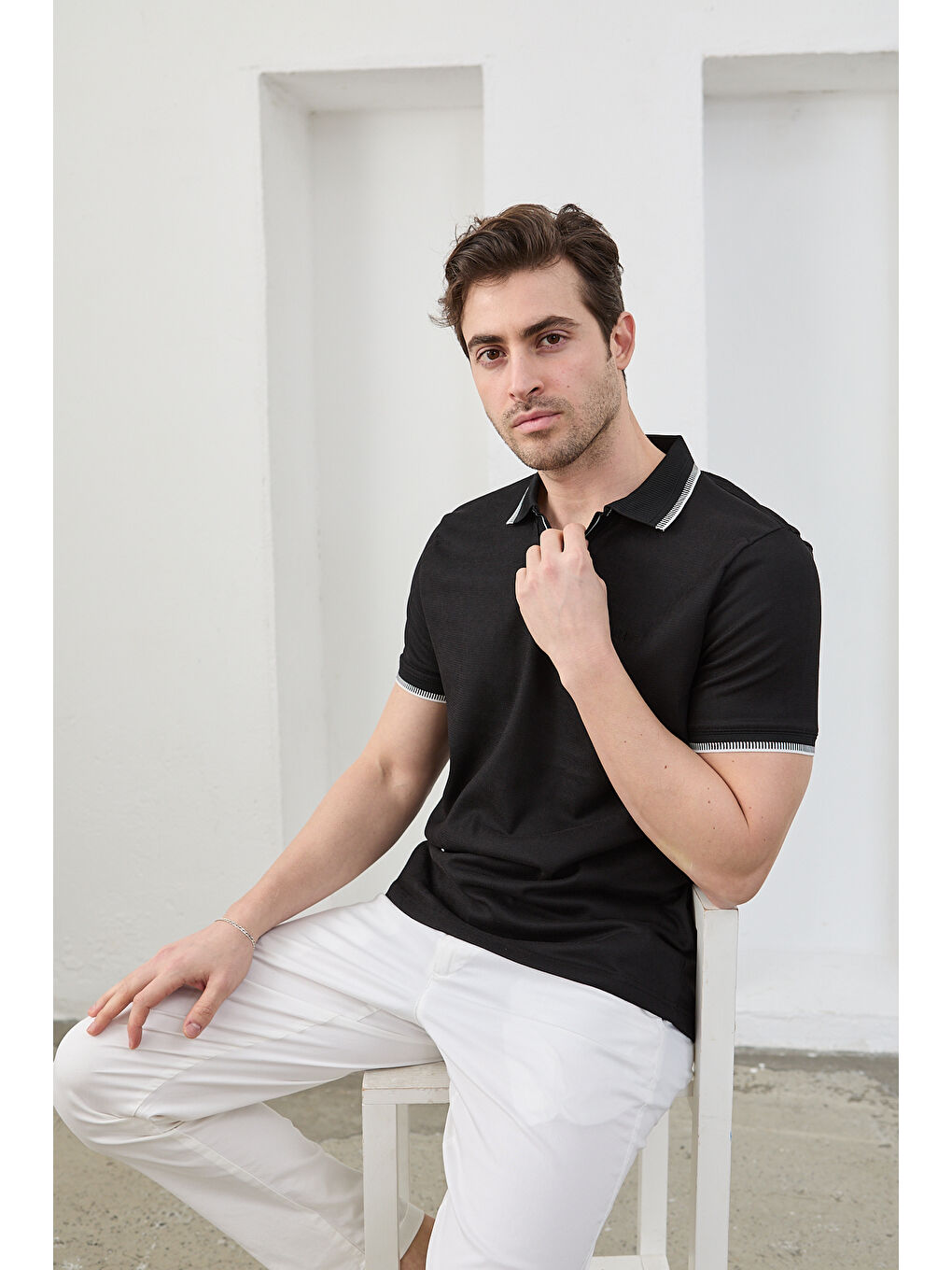 Siyah Lodz Erkek Polo Yaka Tişört Çekmeyen Pamuklu Kumaş Regular Fit Günlük-7