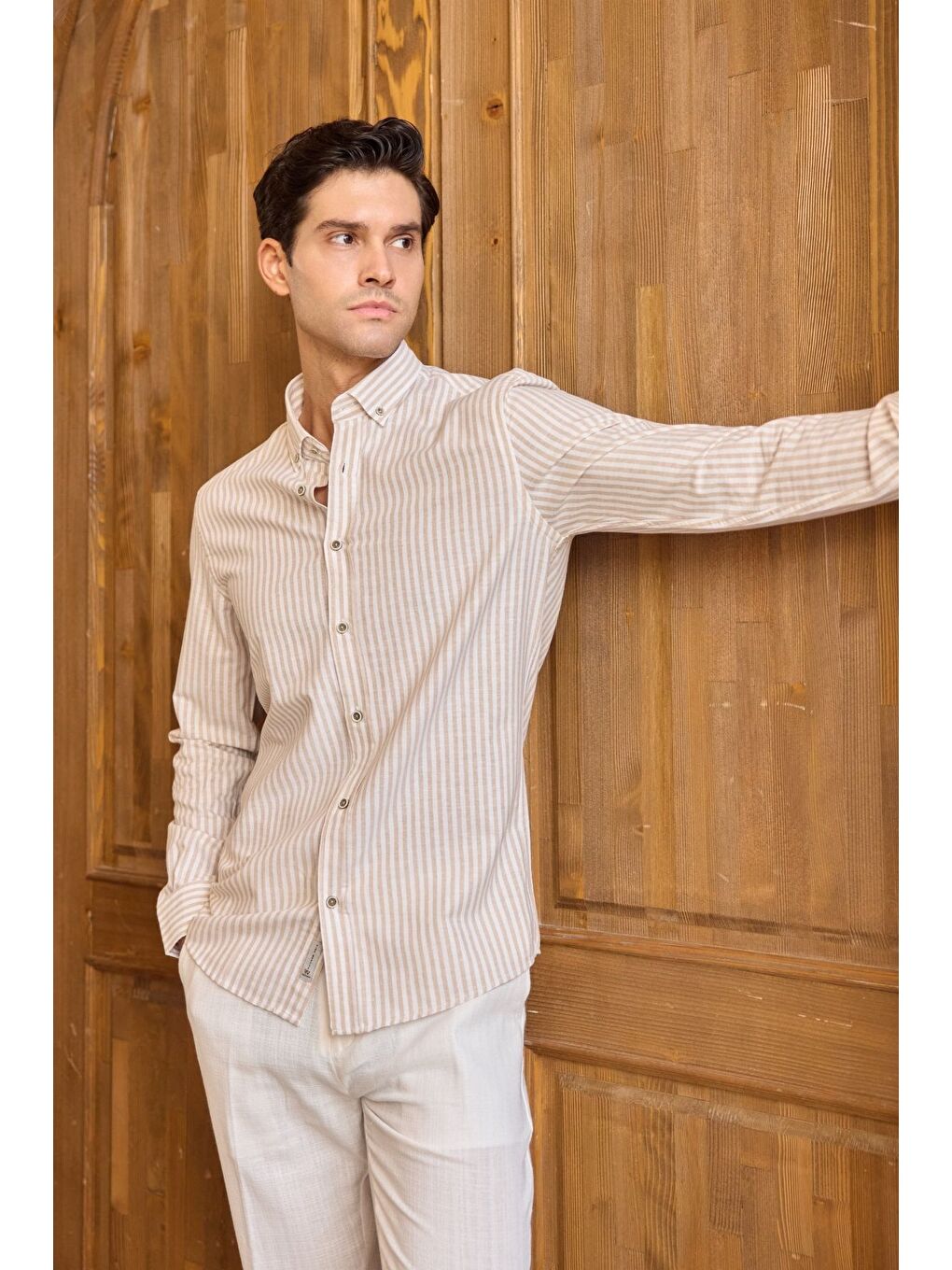 Bej Senoc Erkek Gömlek Modern Slim Fit Keten Görünümlü Kalın Çizgili-2