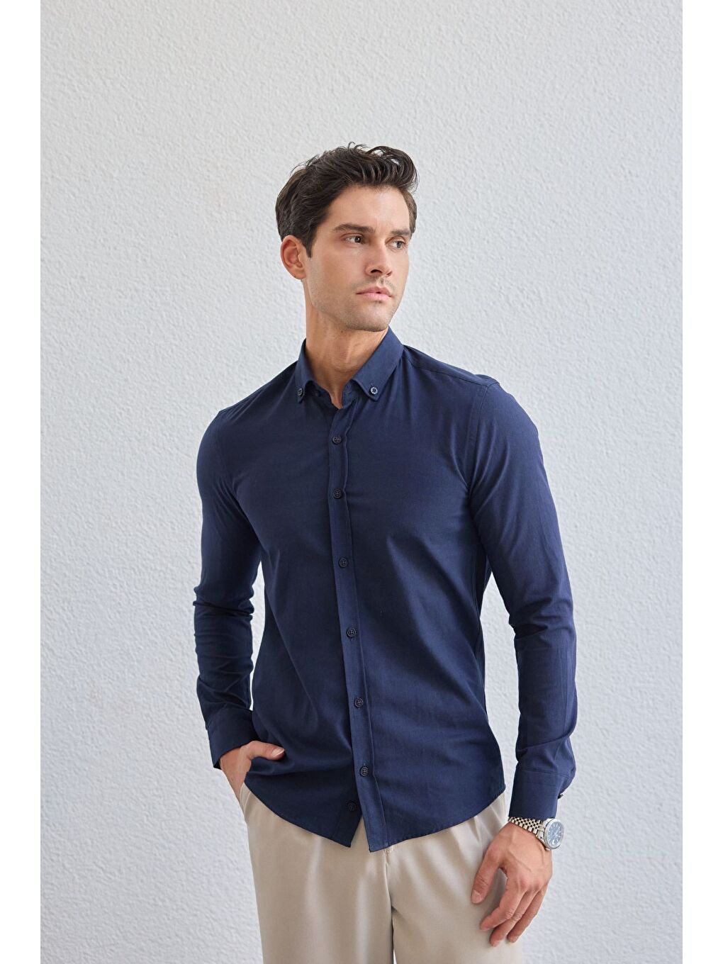 Lacivert Turi Erkek Pamuk Gömlek Modern Slim Fit Keten Görünümlü Uzun Kol-5