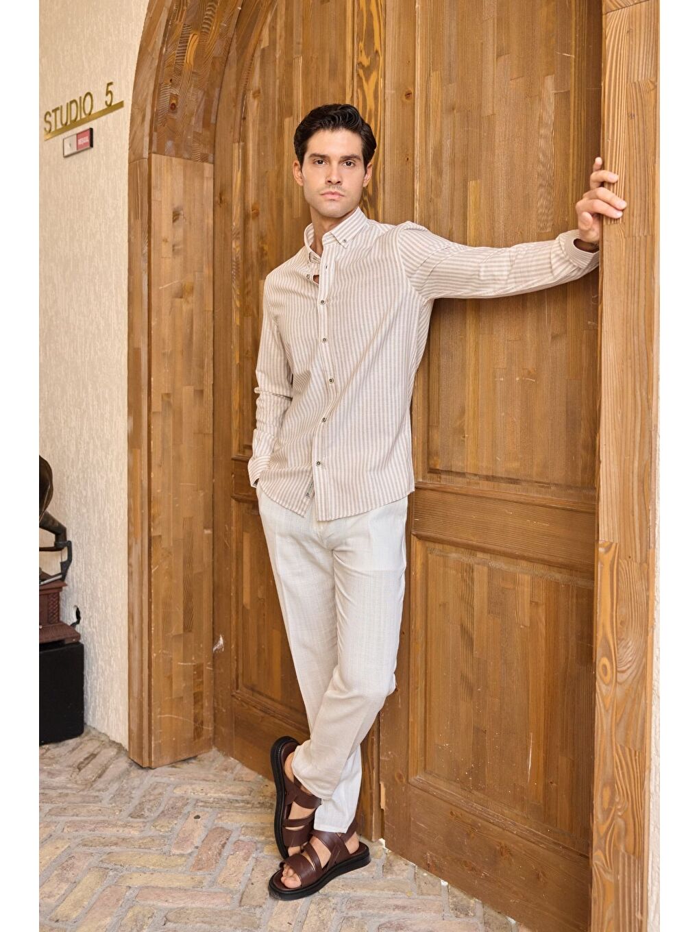 Bej Senoc Erkek Gömlek Modern Slim Fit Keten Görünümlü Kalın Çizgili-3