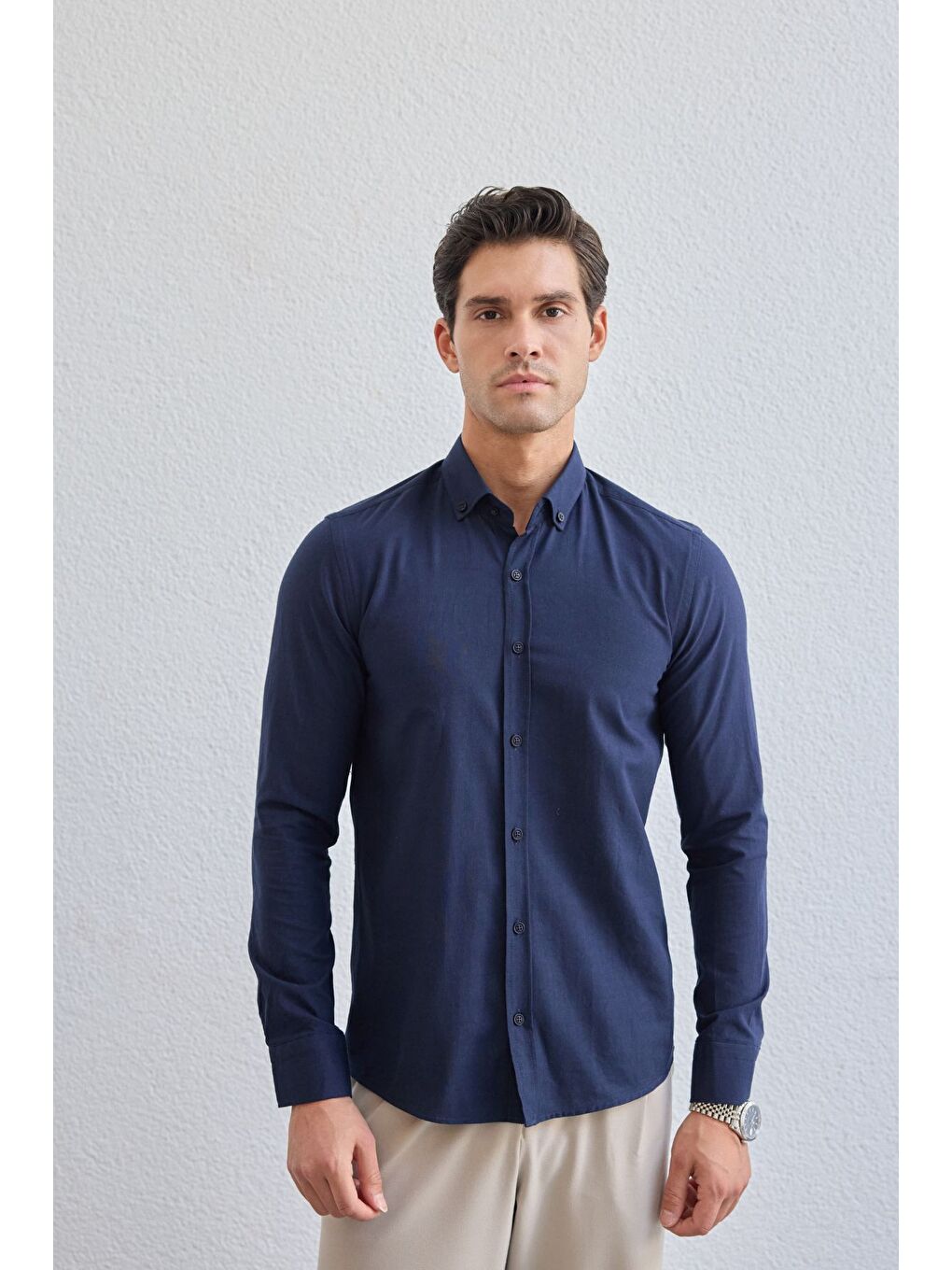 Lacivert Turi Erkek Pamuk Gömlek Modern Slim Fit Keten Görünümlü Uzun Kol-6