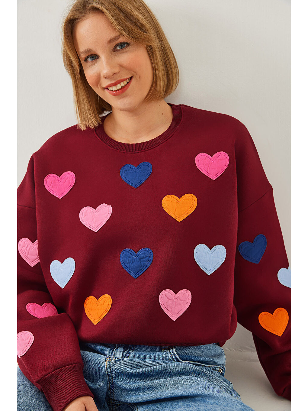 Bordo Kadın Kalp Nakışlı Üç İplik Şardonlu Sweatshirt
