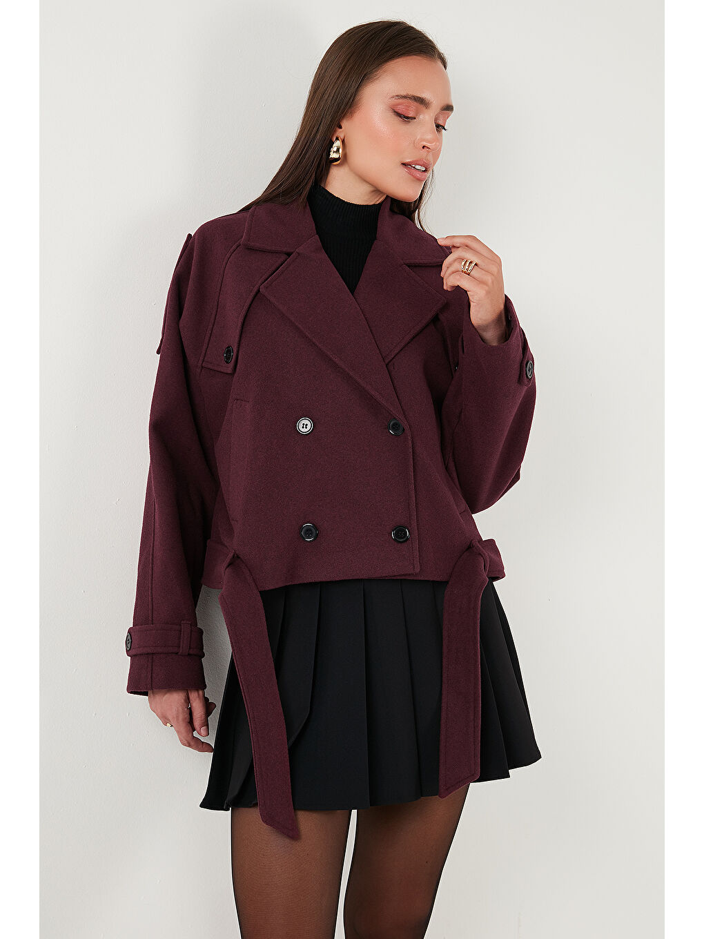 Bordo Pamuklu Regular Fit Yumuşak Dokulu Kaşe Kısa Kaban 6810286-4