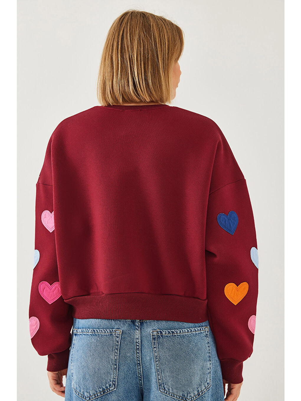 Bordo Kadın Kalp Nakışlı Üç İplik Şardonlu Sweatshirt-1