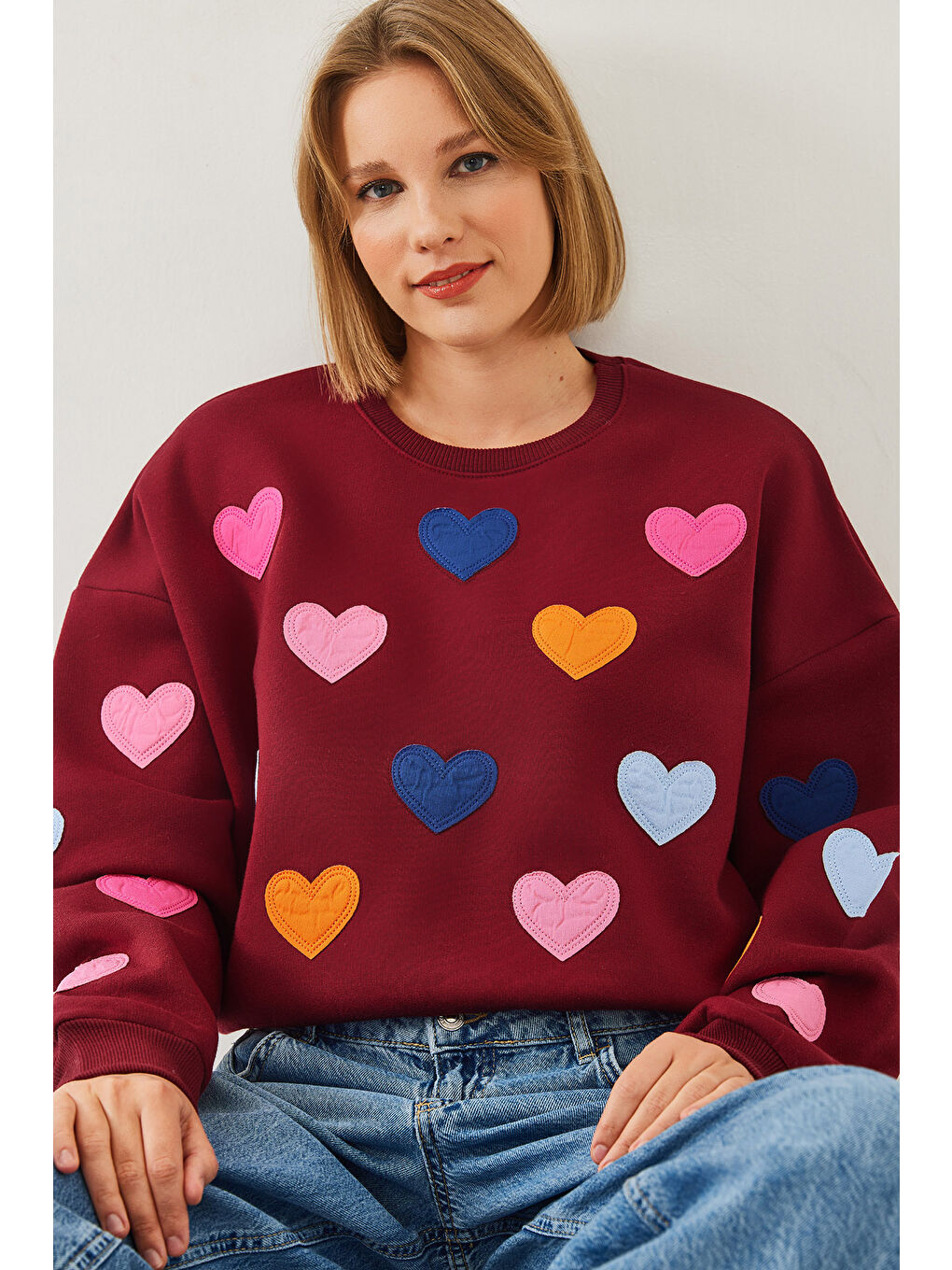 Bordo Kadın Kalp Nakışlı Üç İplik Şardonlu Sweatshirt-2