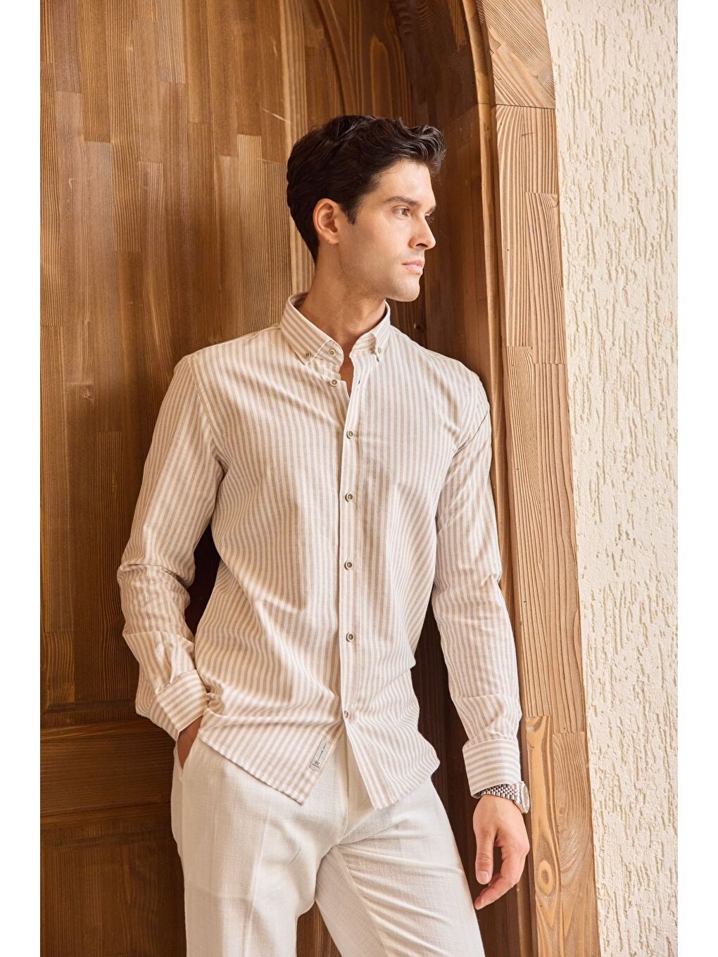 Bej Senoc Erkek Gömlek Modern Slim Fit Keten Görünümlü Kalın Çizgili-4