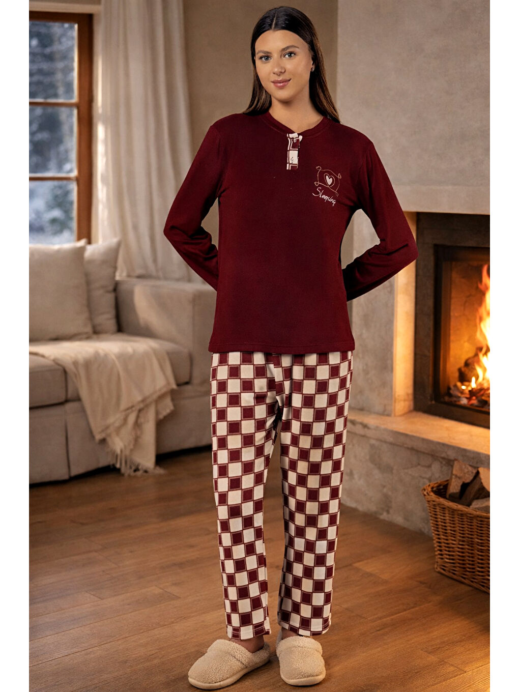 Kadın Termal Uzun Kol Pijama Takımı 4732 Bordo-3