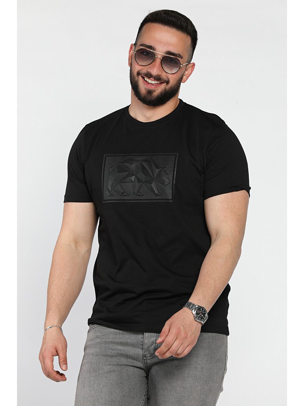 Siyah Erkek Bisiklet Yaka Baskılı Tişört-1