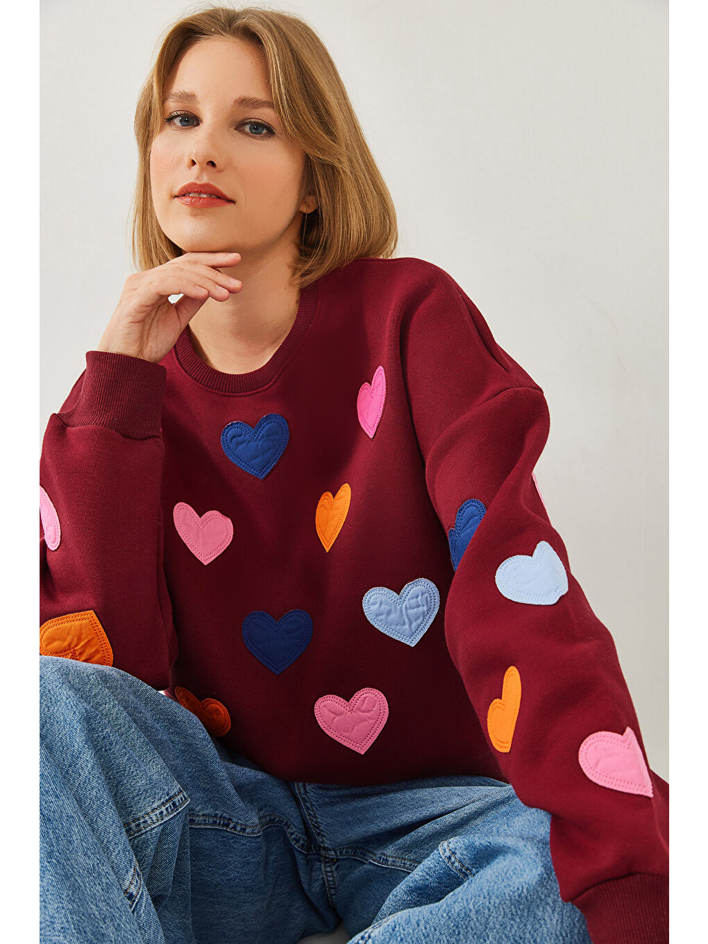 Bordo Kadın Kalp Nakışlı Üç İplik Şardonlu Sweatshirt-3