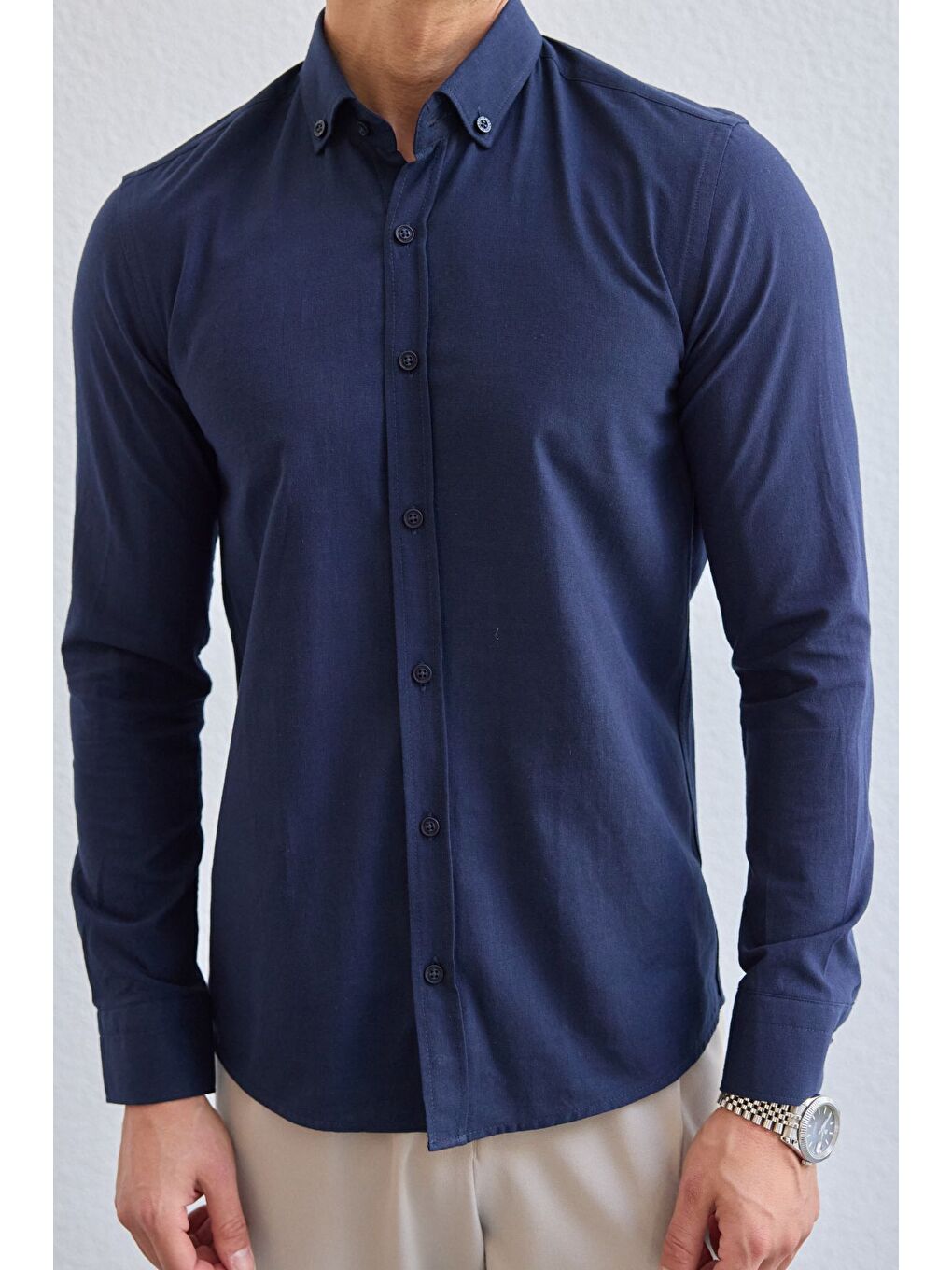 Lacivert Turi Erkek Pamuk Gömlek Modern Slim Fit Keten Görünümlü Uzun Kol-7