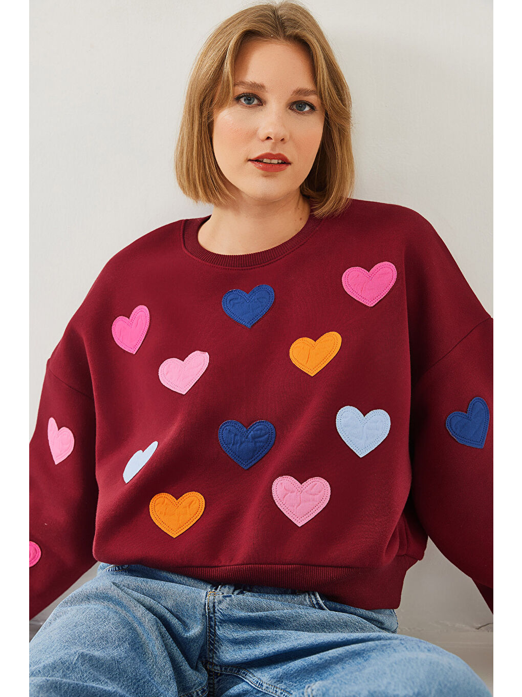 Bordo Kadın Kalp Nakışlı Üç İplik Şardonlu Sweatshirt-4