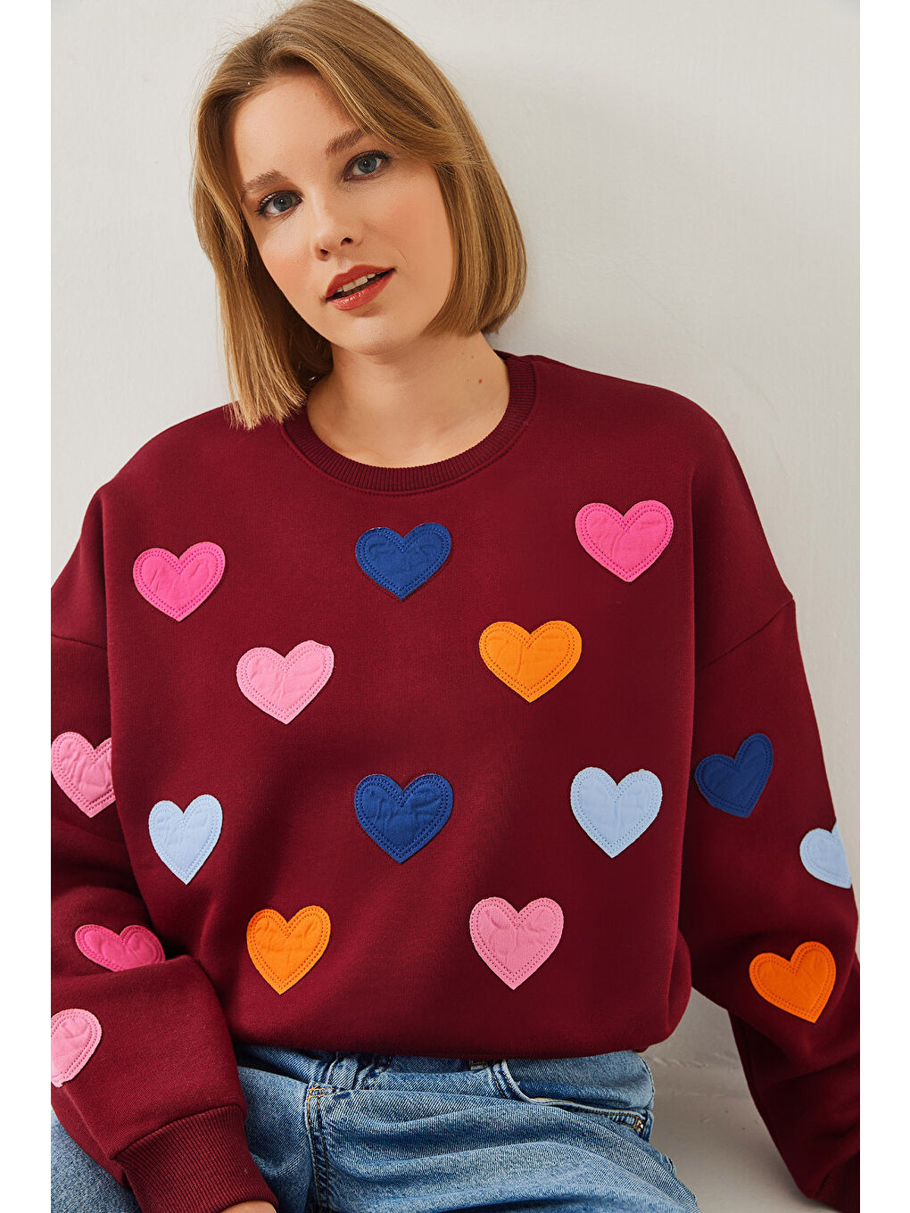 Bordo Kadın Kalp Nakışlı Üç İplik Şardonlu Sweatshirt-5